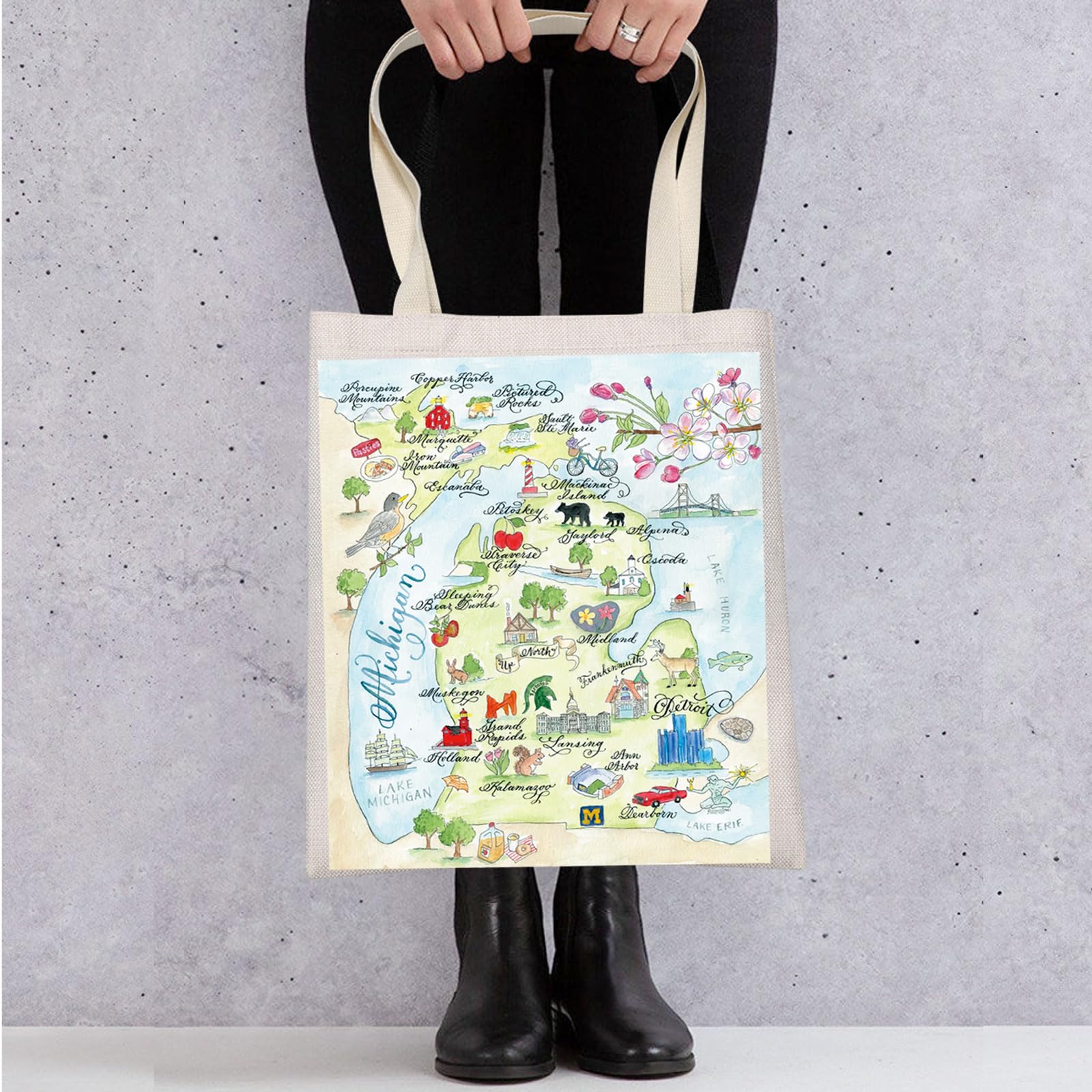 WZMPA Michigan State Map Tote Bag - Michigan Souvenir Gift, Vacation & Trip Shoulder Bag