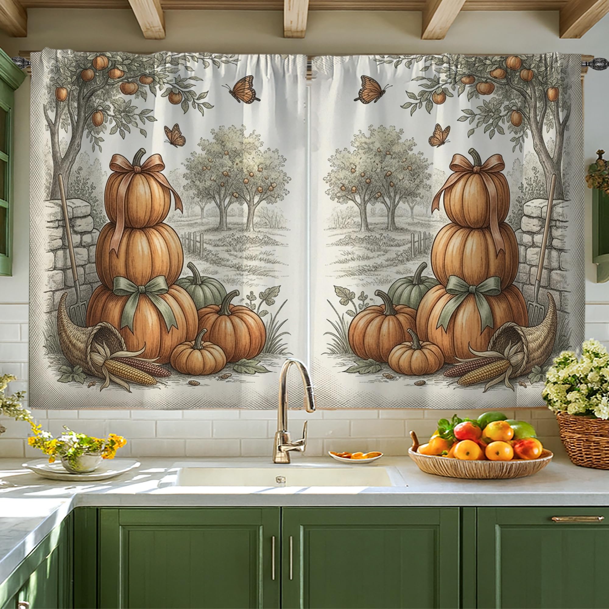 Rideaux de cuisine citrouilles occultant le vis-à-vis de l'évier pour petite fenêtre sombre