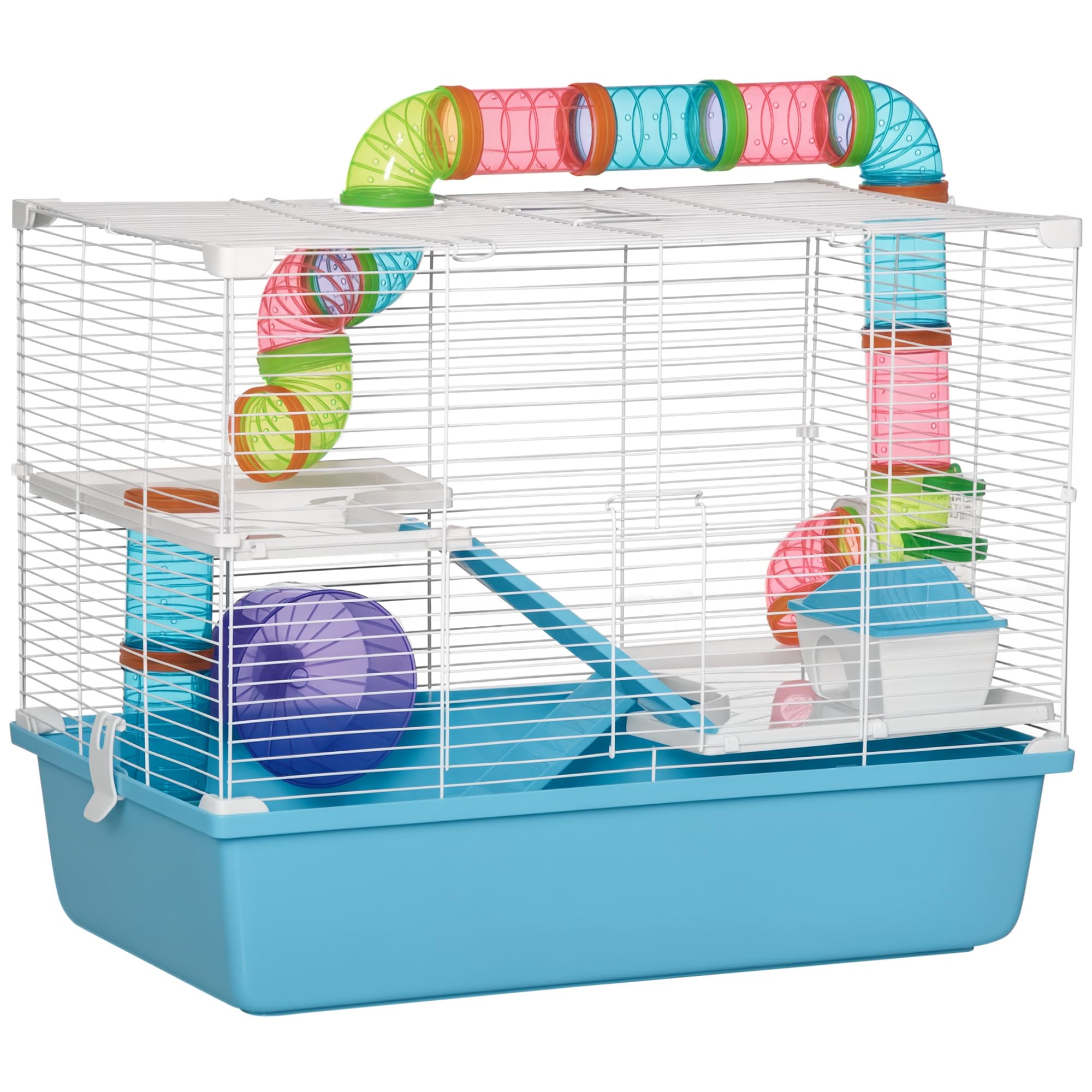 PawHut Cage pour rongeurs et Hamsters 3 Niveaux avec Tunnel, Bouteille d'eau, Roues, Maison, échelle dim. 59L x 36l x 47H cm