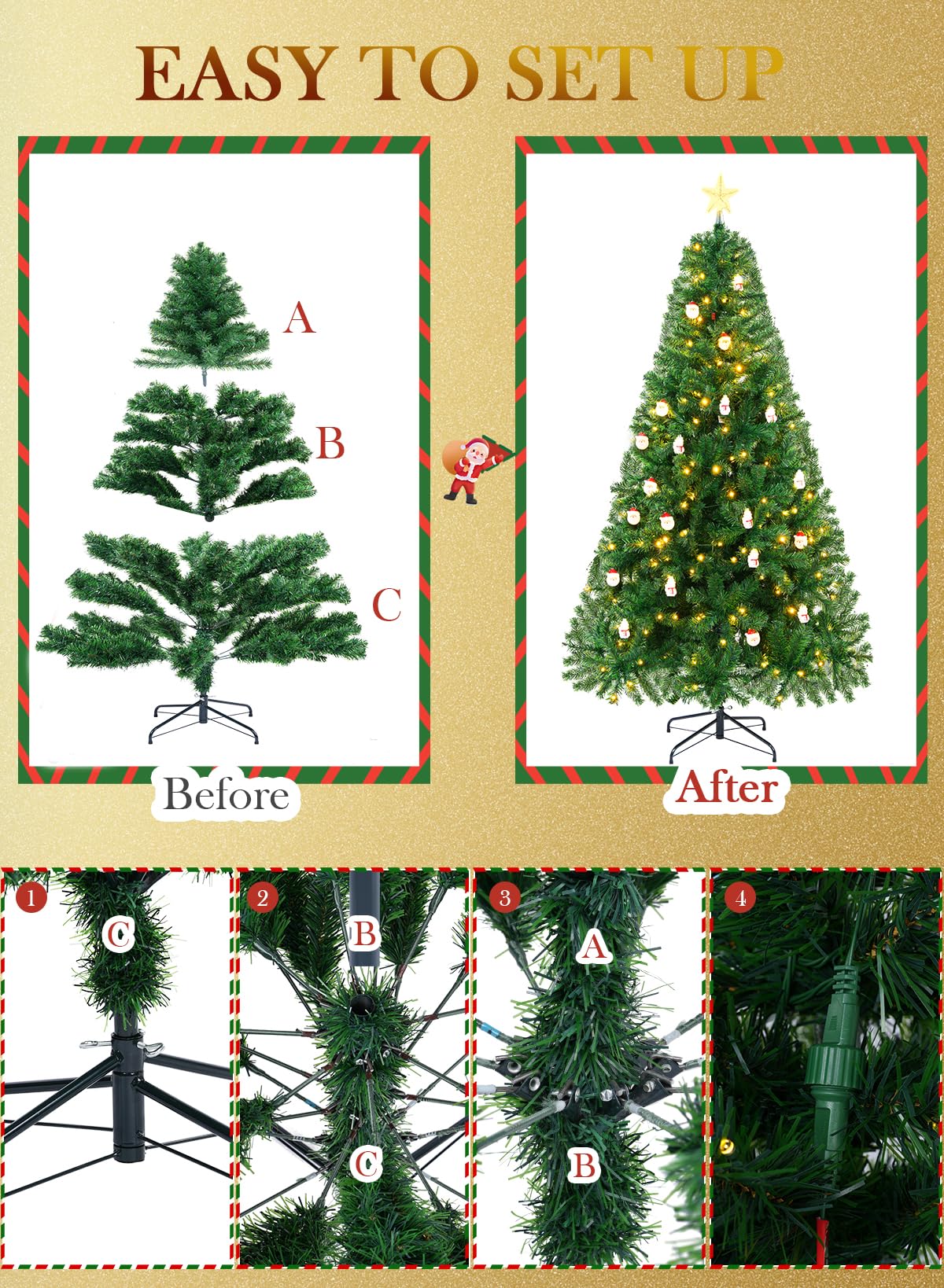 Albero di Natale Pre-Illuminato, Artificiale Albero di 6ft con 350 Luci Incorporate, 9 Modalità Luce, 1400 Rami Folti in PVC, Decorazione Natalizia con Supporto in Metallo