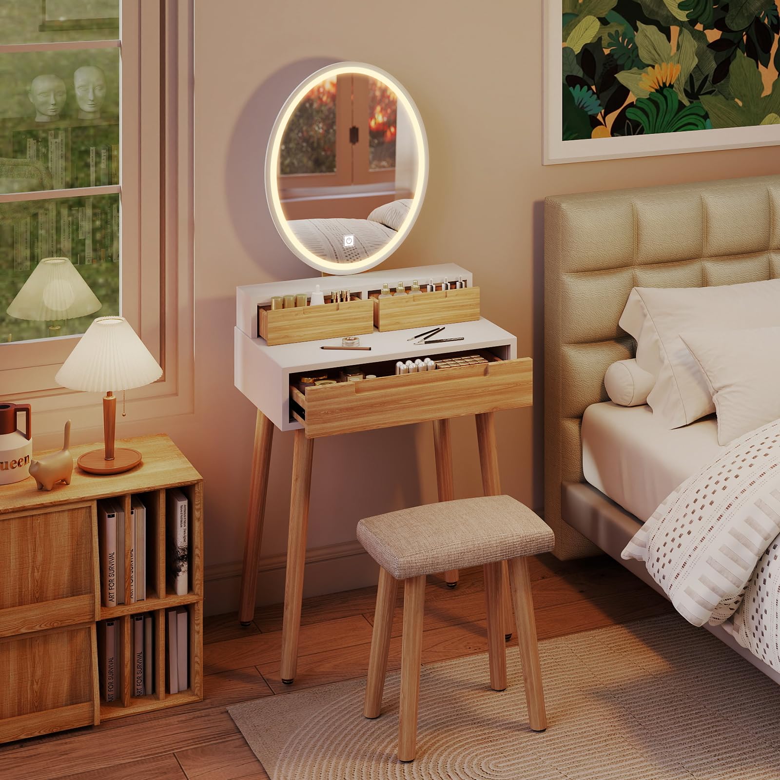 YU YUSING Schminktisch mit LED Beleuchtung und Spiegel, Frisiertisch Kosmetiktisch mit 3 Schubladen Hocker, Einstellbare Helligkeit, 60 cm Make Up Vanity für kleinen Raum, Schlafzimmer, Holzfarbe