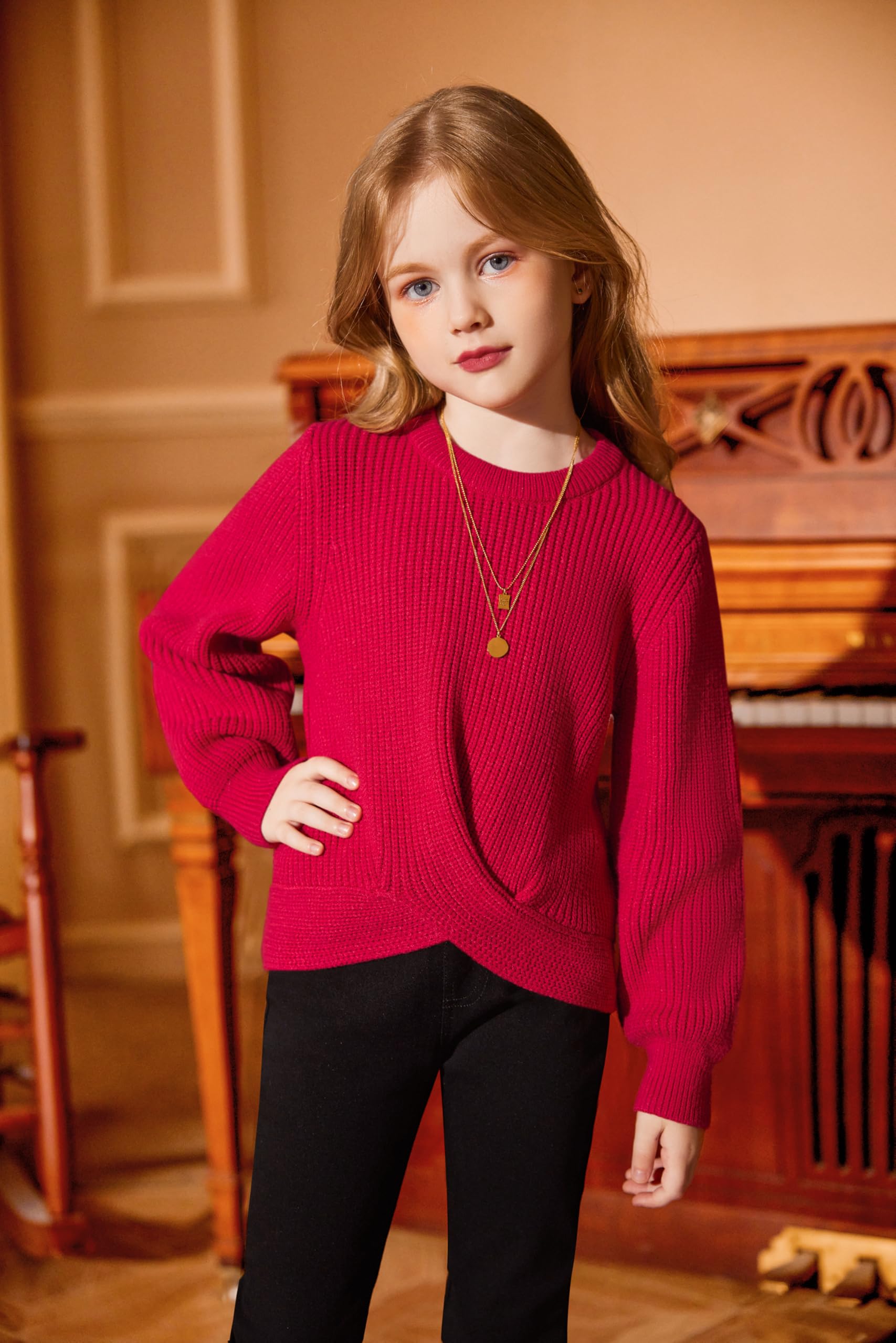 Arshiner Filles Pulls Mode Enfants Col Rond Pull Tricoté Automne Hiver Loisirs Manches Longues Tops pour Fille 5-13 Ans