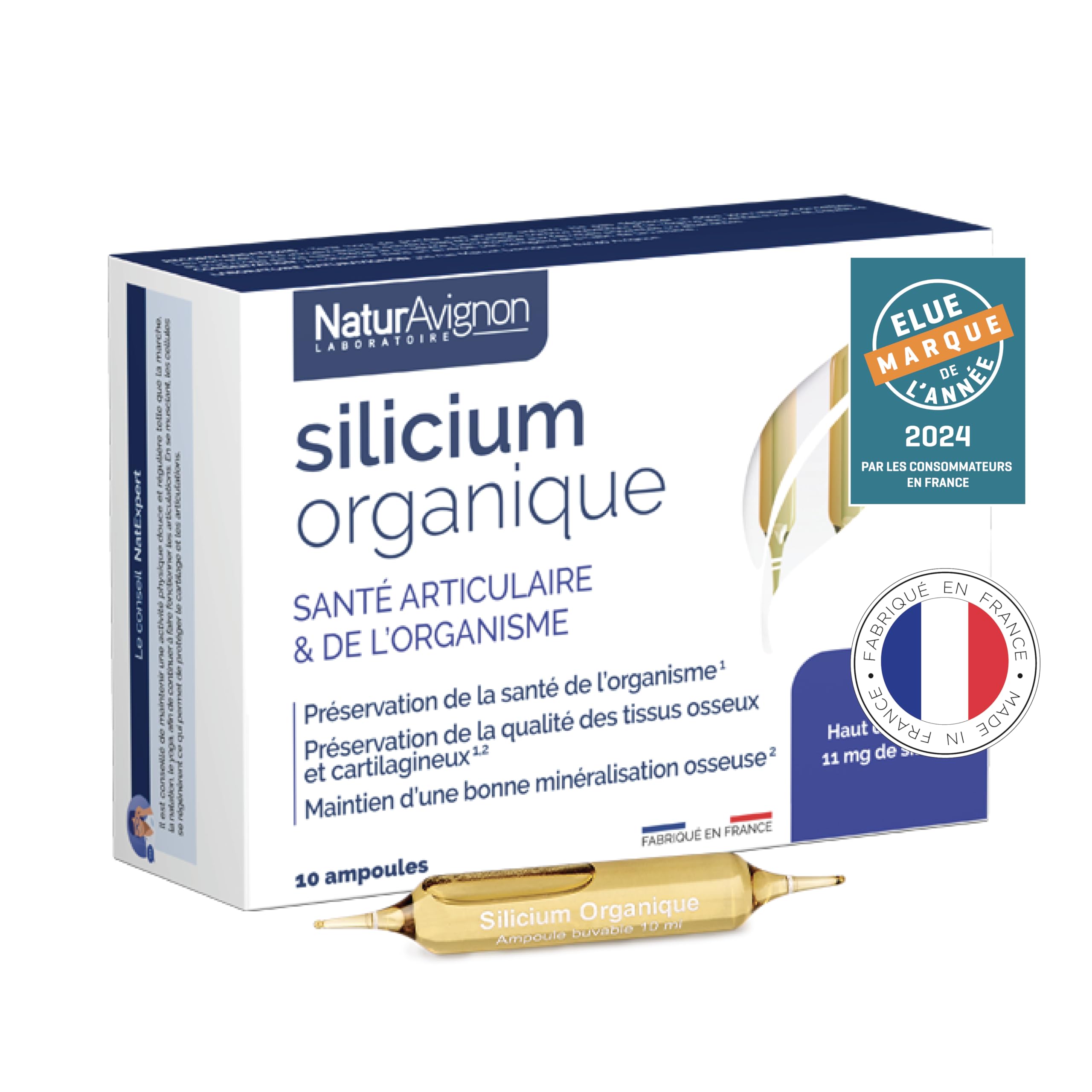 NaturAvignon Silicium Organique liquide (10 ampoules) - 4X biodisponible pour articulations, os et système immunitaire a