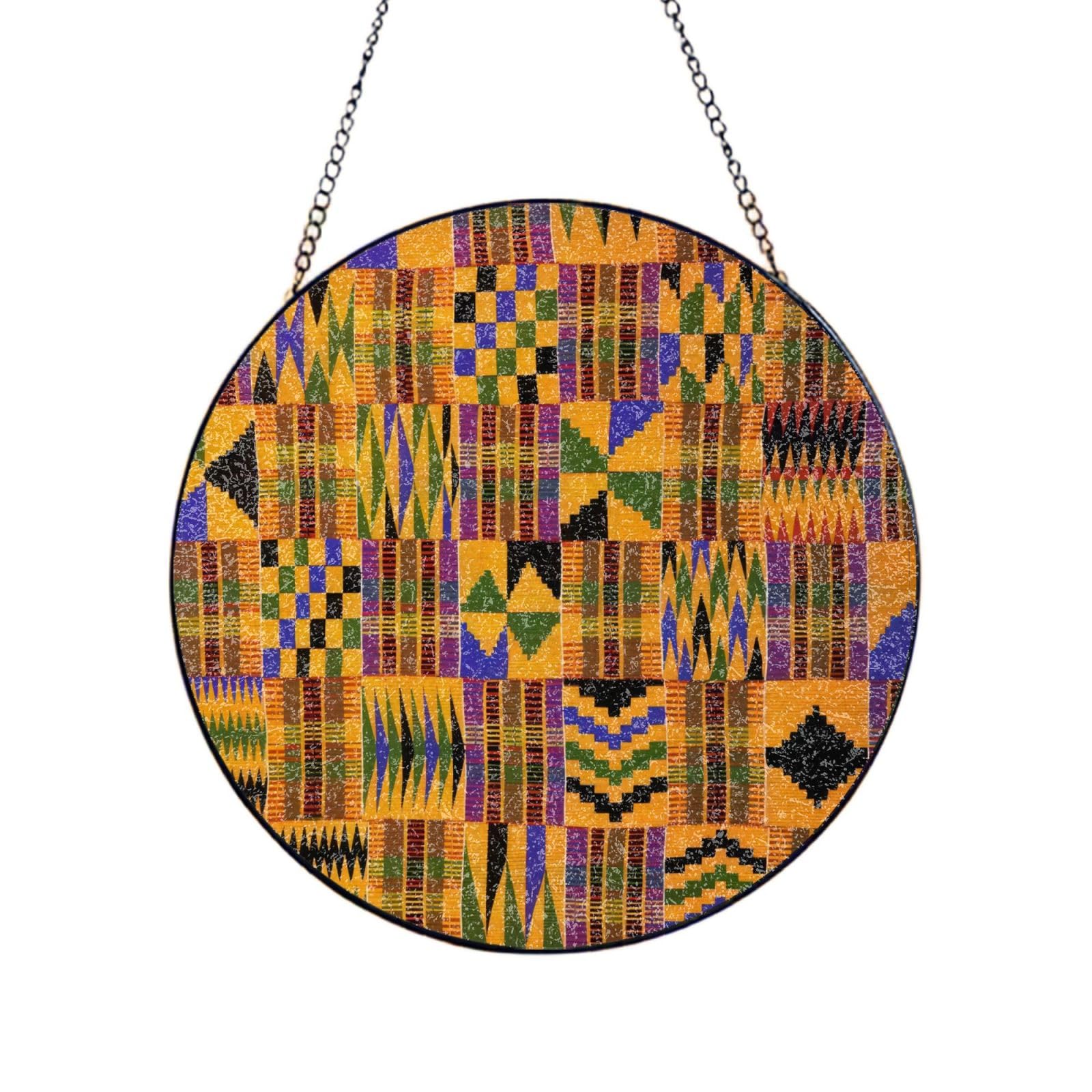 Phayah African Tribal Ethnic Texture Print Glass Window Hanging Round Suncatcher Glass Ornament Garden Wall Fence Decorations Indoor Outdoor 10in（25cm）