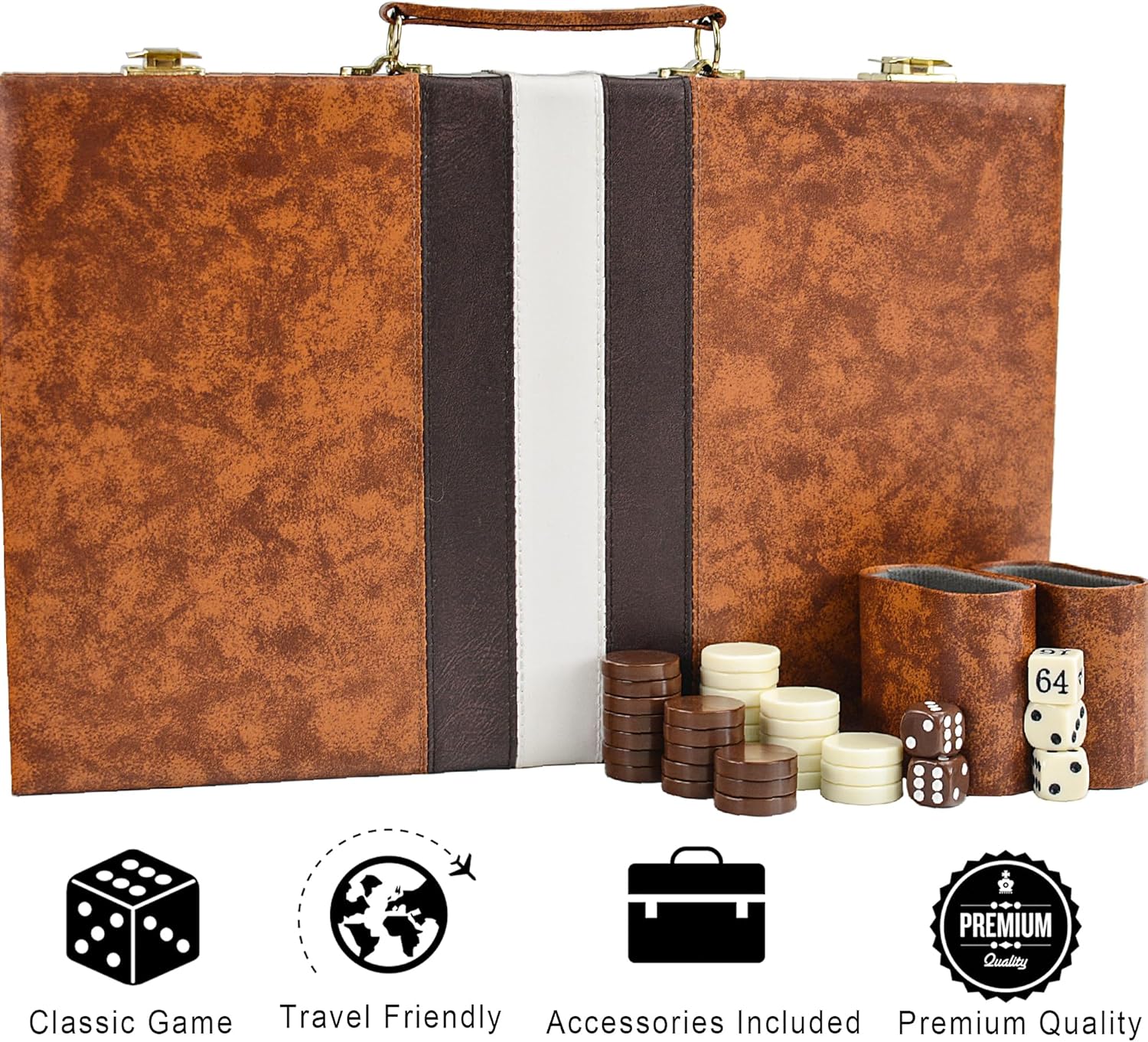 15 Inch Travel Backgammon Set for Adults, Classic Board Game with Premium PU Leather Case, Portable Strategy Backgammon Game Set, Brown