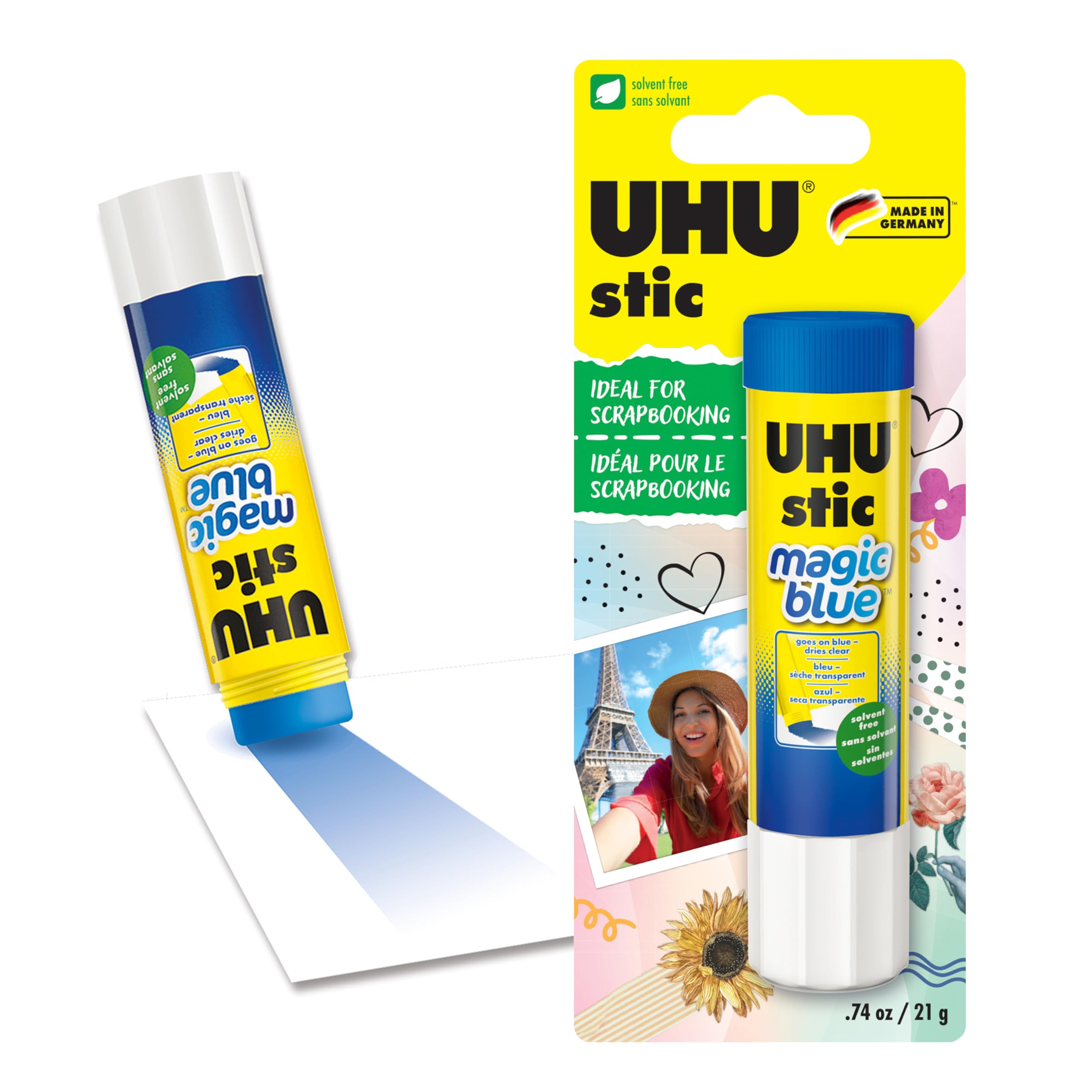 Uhu Colored Glue Stick, 21g Blue, rubs on Blue & Dries Clear, Washable, Solvent Free, Screw on Cap, (9U 99645)