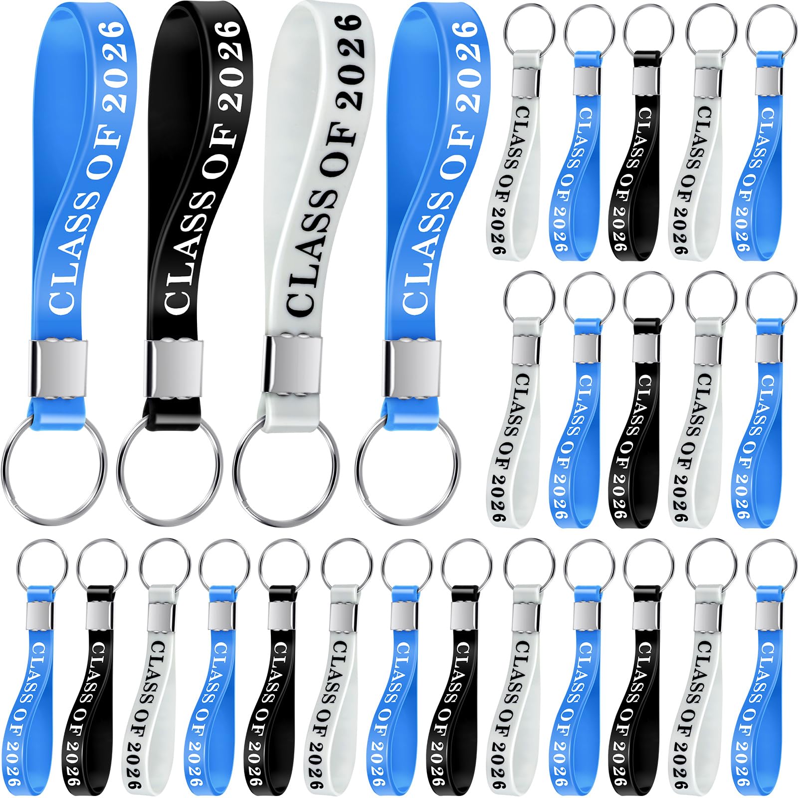 Ecation 50 Pcs Class of 2026 Graduation Keychains Silicone Rubber Keyring Graduation Party Favors Gifts(White, Black, Blue)