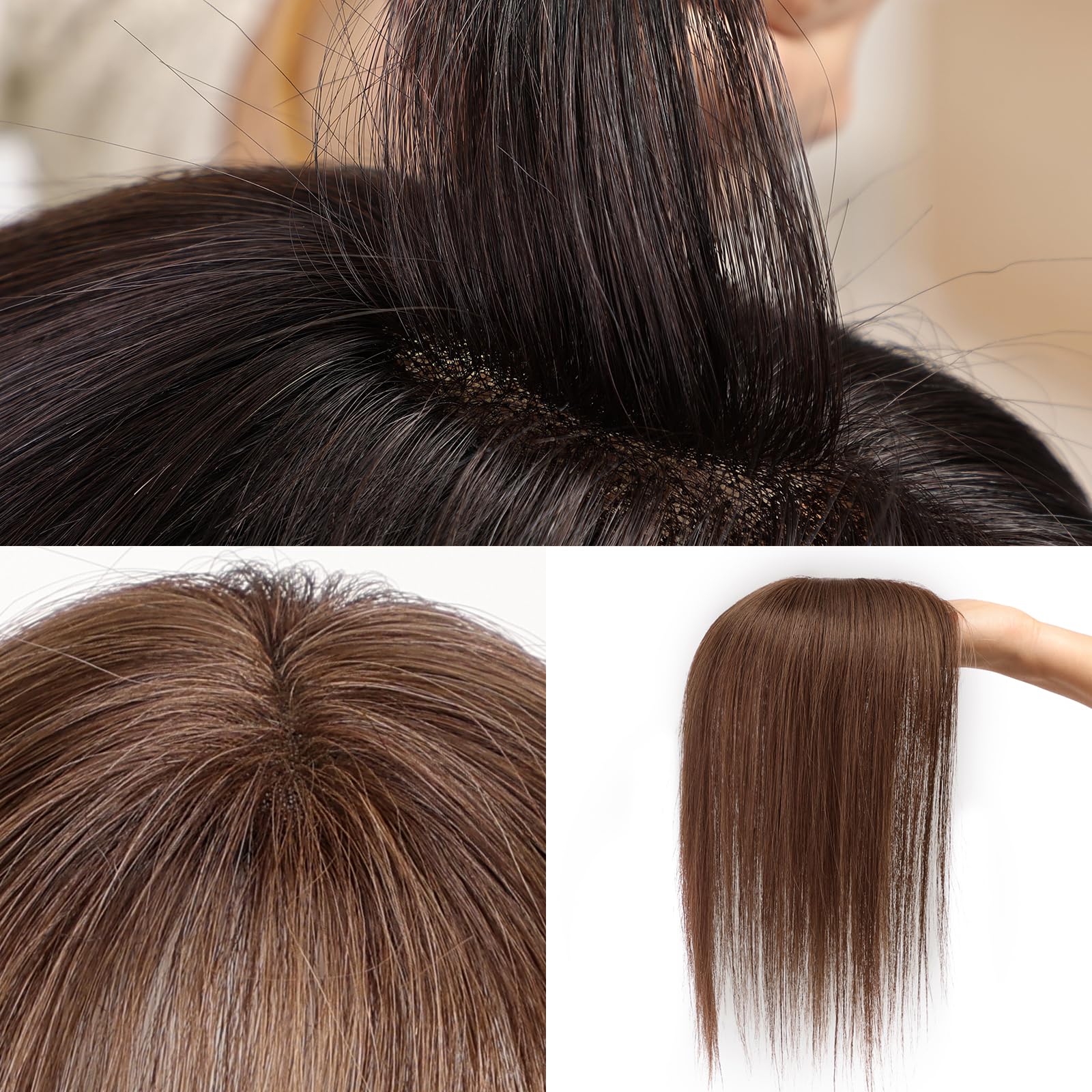 14 Inch Human Hair Topper for Thinning Hair, Swiss Lace Base, 3 Clips Chestnut Brown Human Hair Toppers for Women with Thinning  main image 4
