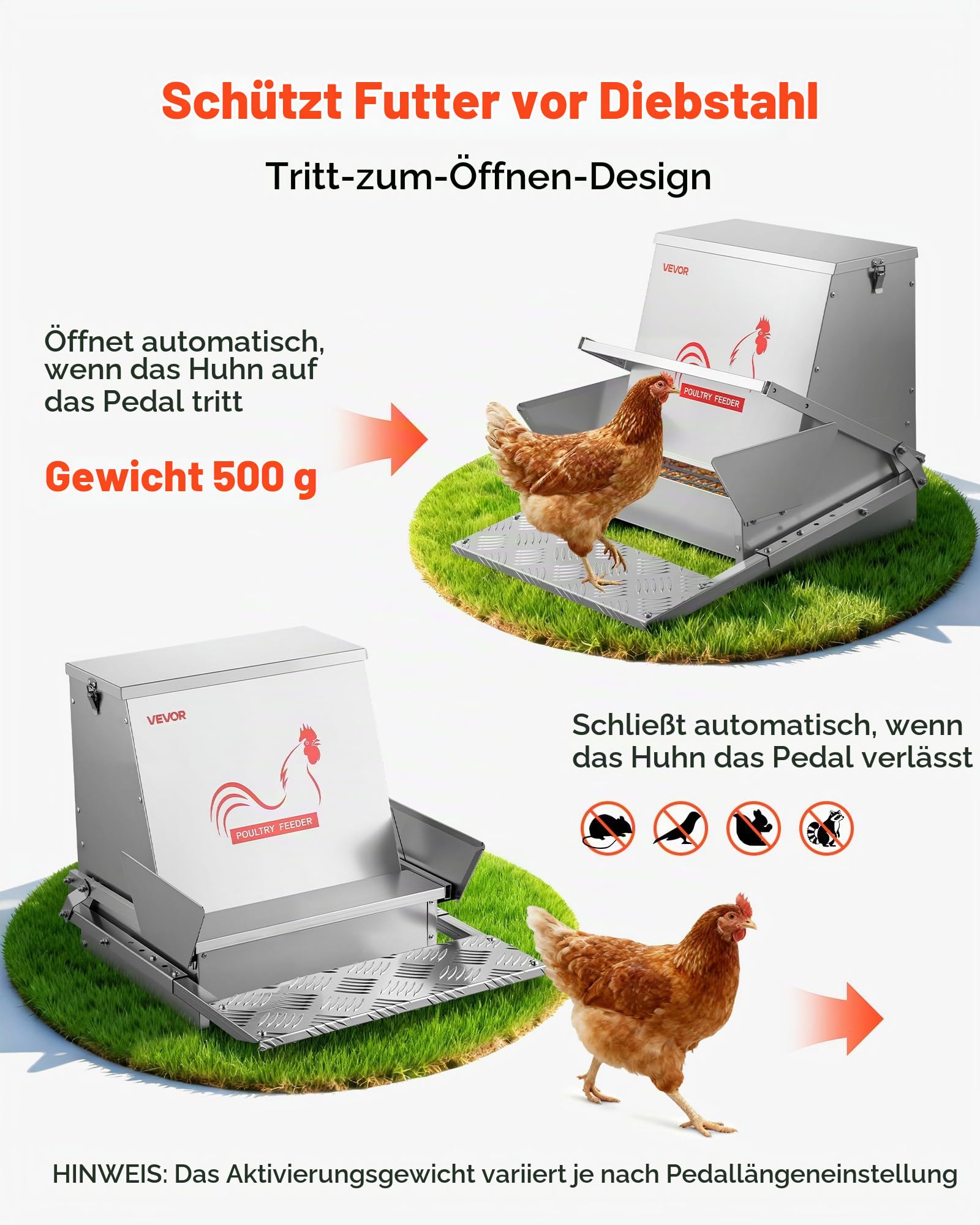 VEVOR Futterautomat Hühner, 18,14 kg Geflügelfutterspender, regensicherer Tretfutterautomat mit abschließbarem Deckel, verlustfrei, , Hühnerzubehör für Zwerghühner, Geflügel & Fasane