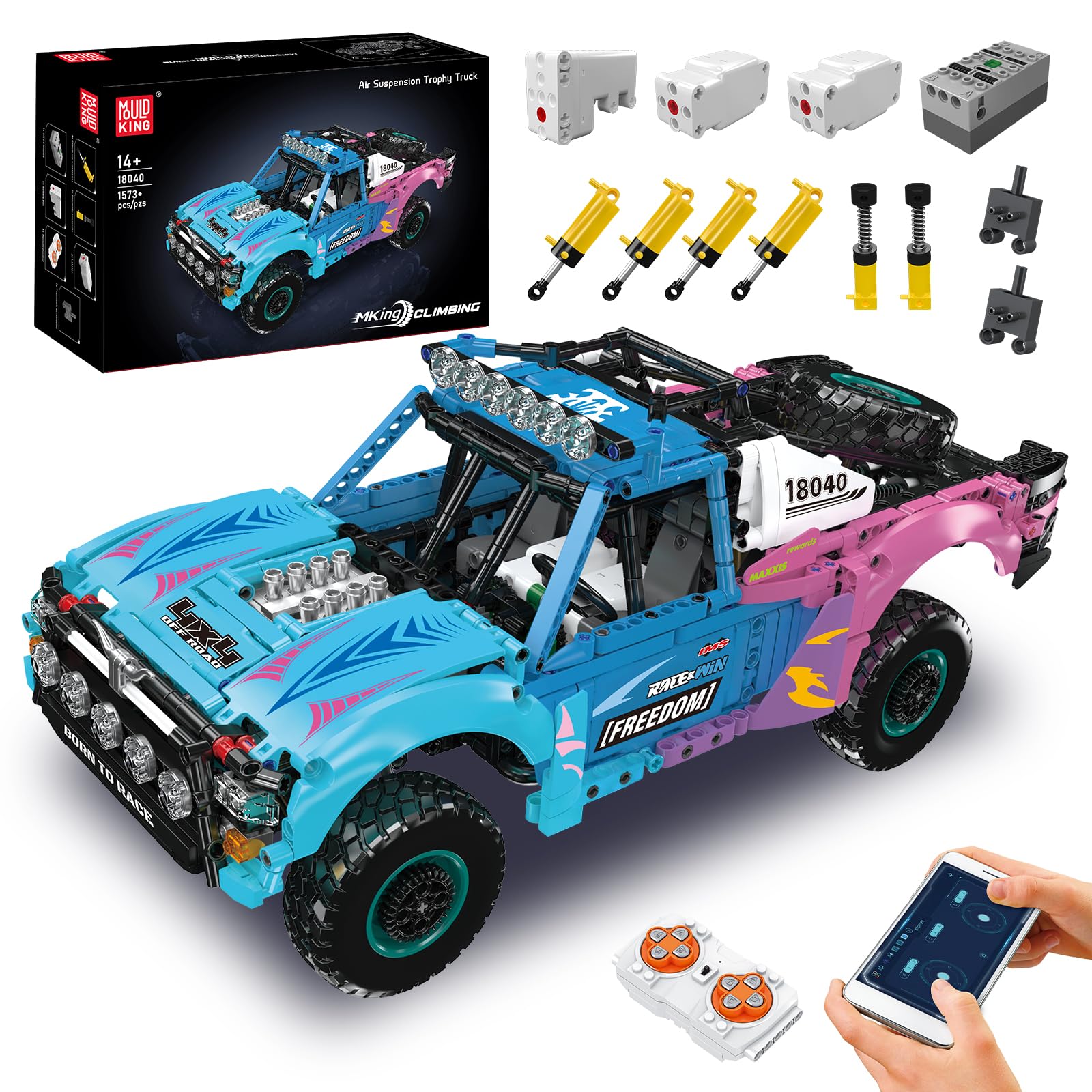 Mould King 18040 Technik MOC Luftfederungs-Offroad-Truck Baustein-Modell | Elektrisch ferngesteuertes Kletter-Rennwagen Bausatz APP Technologie 4x4 Geländewagen Klemmbausteine Bausatz （1573+Teile）