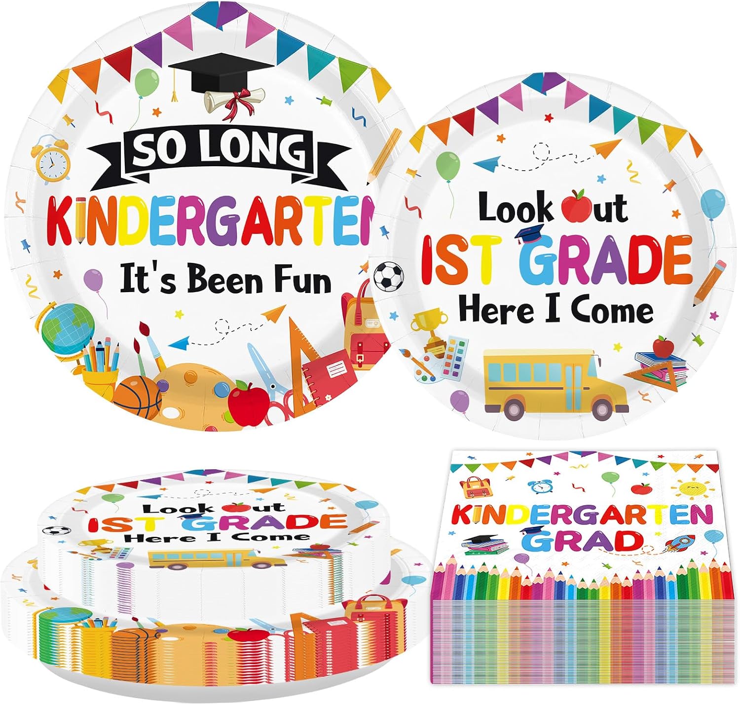 200Pcs Kindergarten Graduation Party Decorations So Long Kindergarten It's Been Fun Plates and Napkins Look Out 1st Grade Here I Come Tableware Set for Kids Prek Graduate 2026 Party Supplies Serves 50