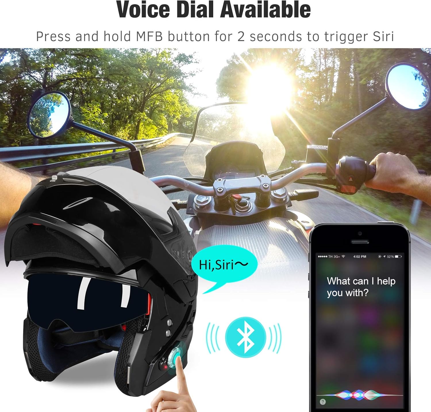 Helmet with phone showing voice dial feature