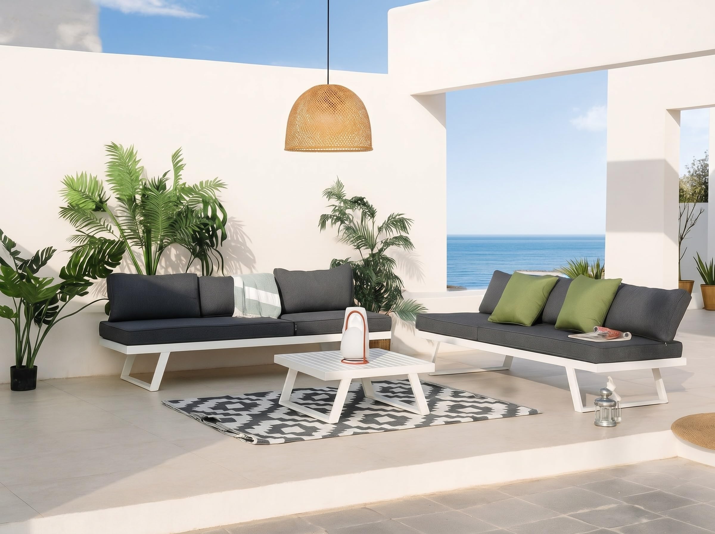 MOMMAHOME Conjunto Muebles de Jardín de exterior, Rinconera Convertible Multifunción Aluminio Blanco, Muebles para terraza/Exterior, Set de Aluminio con mesa de centro, Cojines tejido Gris | VALENCIA