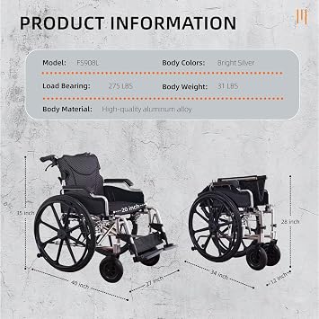 Lightweight Aluminum Transport Wheelchair - 20 Wide Seat (275lbs Capacity), Foldable & Adjustable for Bariatric Users - Dual Hand Brakes, Quick-Release 24 Rear Wheels (Bright Silver)