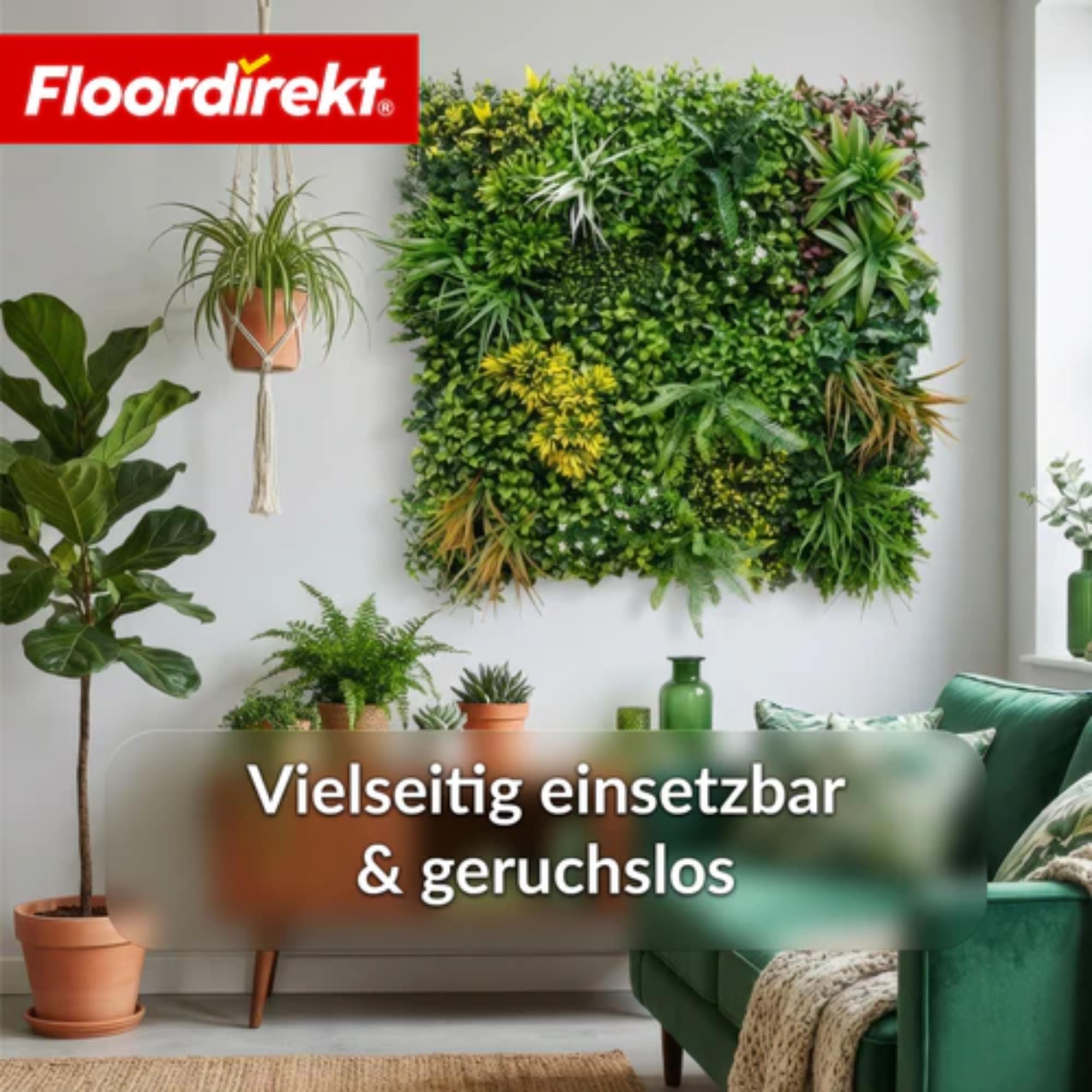 Floordirekt Ścianka na rośliny Spring Garden 100 x 100 cm, sztuczna ściana z systemem zatrzaskowym, wierna naturalna, bez pielęgnacji zielona ściana, do użytku wewnątrz i na zewnątrz