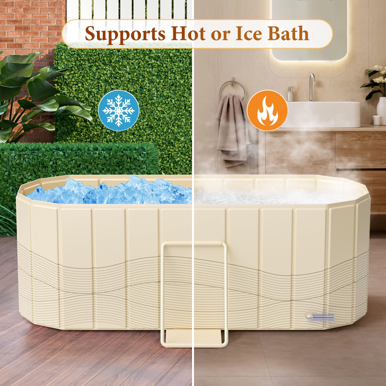 Bañera portátil para adultos 150 x 55 x 50 cm, bañera plegable para adultos con 2 agujeros de drenaje, bañera familiar para baño de hielo Equipada con 2 placas de soporte laterales con cubierta (Beige