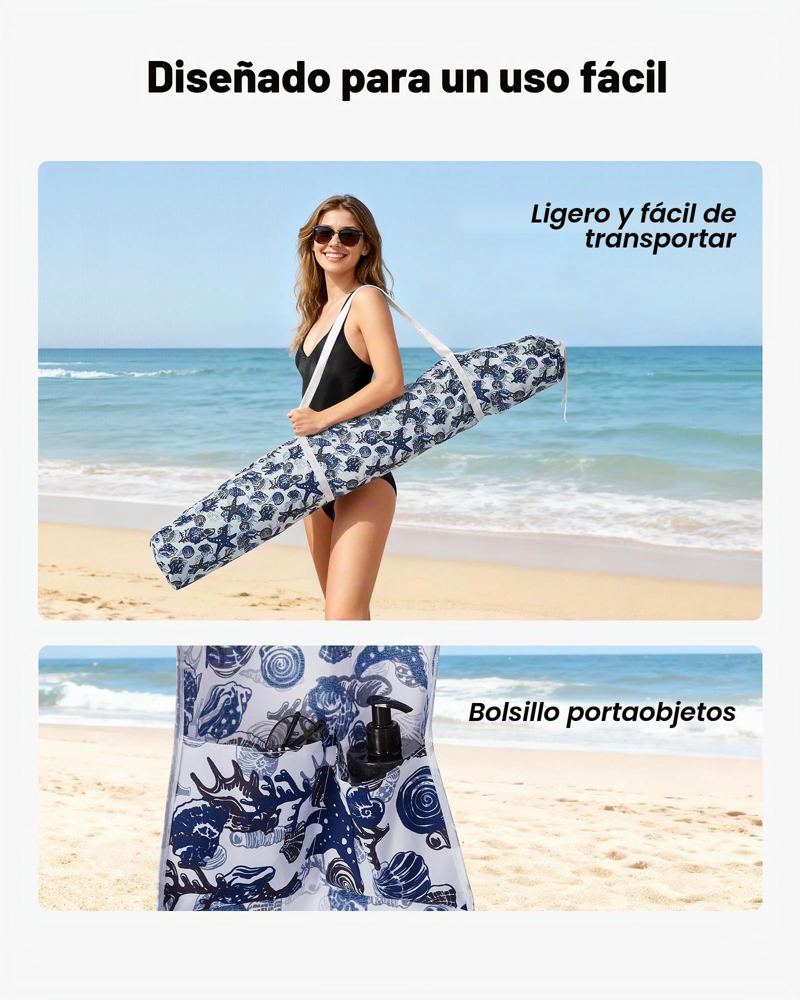 VEVOR Cabaña de Playa 183 x 183 cm, con Toldo Lateral, Protección Solar UPF 50+, con Sacos de Arena y Sombrilla Portátil Grande para Uso al Aire Libre en Familia y con Amigos, Rayas Azul Marino