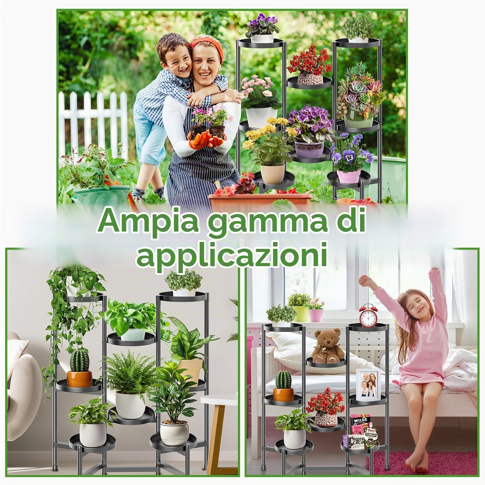 Supporto per Piante in Metallo 8 Livelli, Scaffale per Piante Piedistallo per Piante, Portavaso da interno Porta Fiori Piante da esterno per Fioriere Angolari Giardino(Nero)