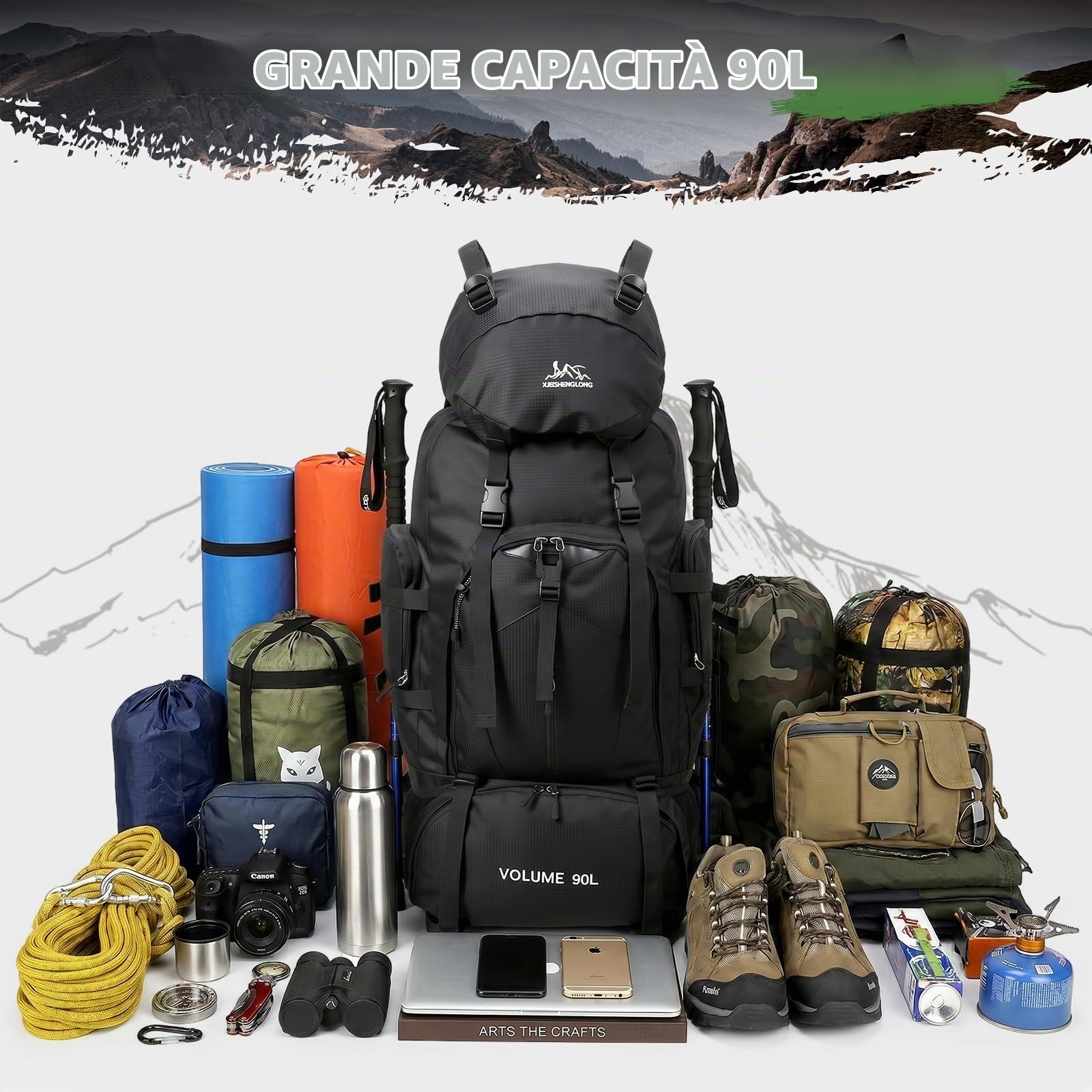 90L Zaino da Escursionismo Trekking Campeggio Viaggio Grande Impermeabile per Uomo Donna, Zaino Montagna Borsa da Viaggio con Multi-scomparti per Alpinismo Arrampicata Campeggio e Turismo