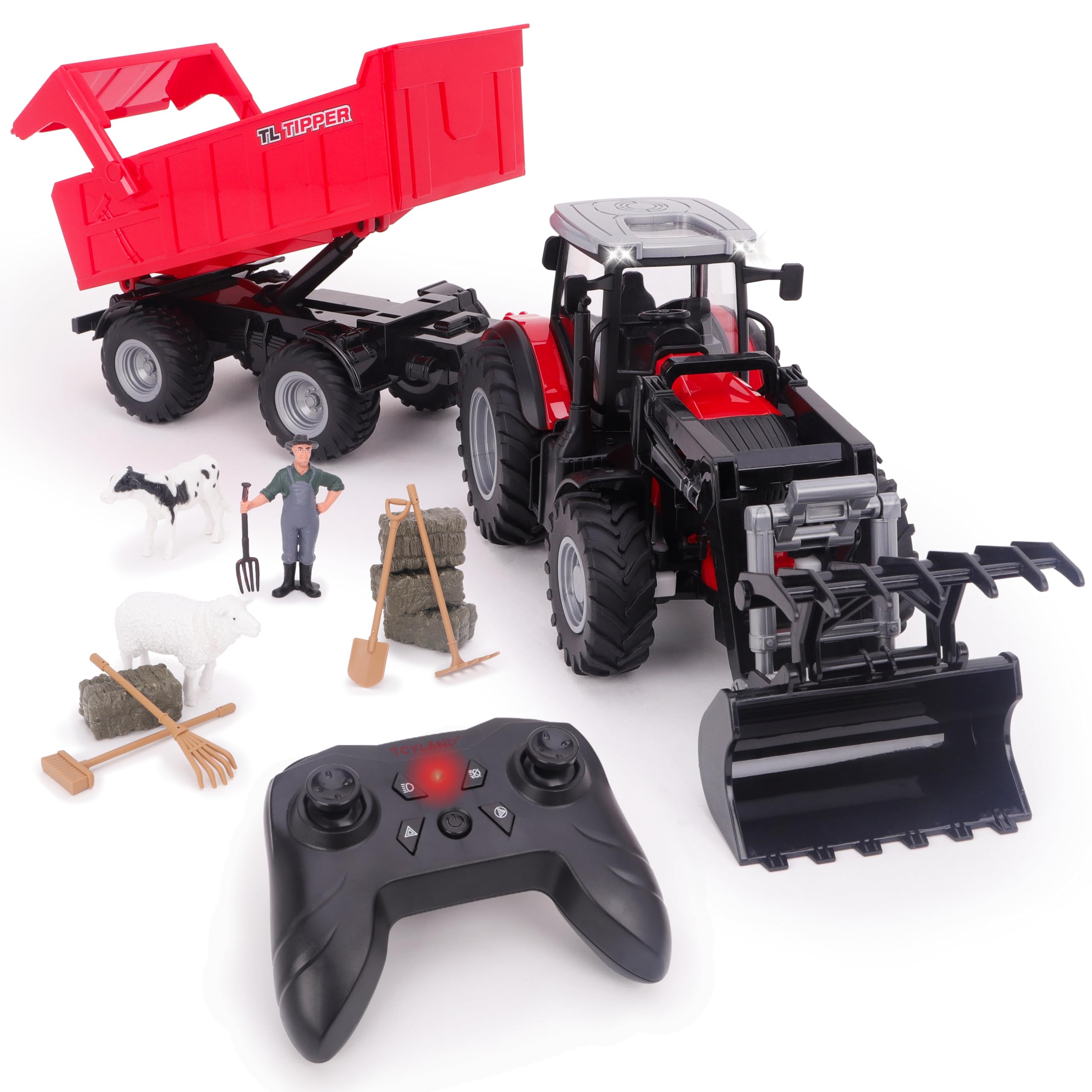 Toyland® 1:24 Scale Red Remote Control Tractor With Frontloader, Powered Tipping Trailer & Accessories Toy Playset with Lights & USB Charging - Rechargable Battery Included - Farm Play Vehicle