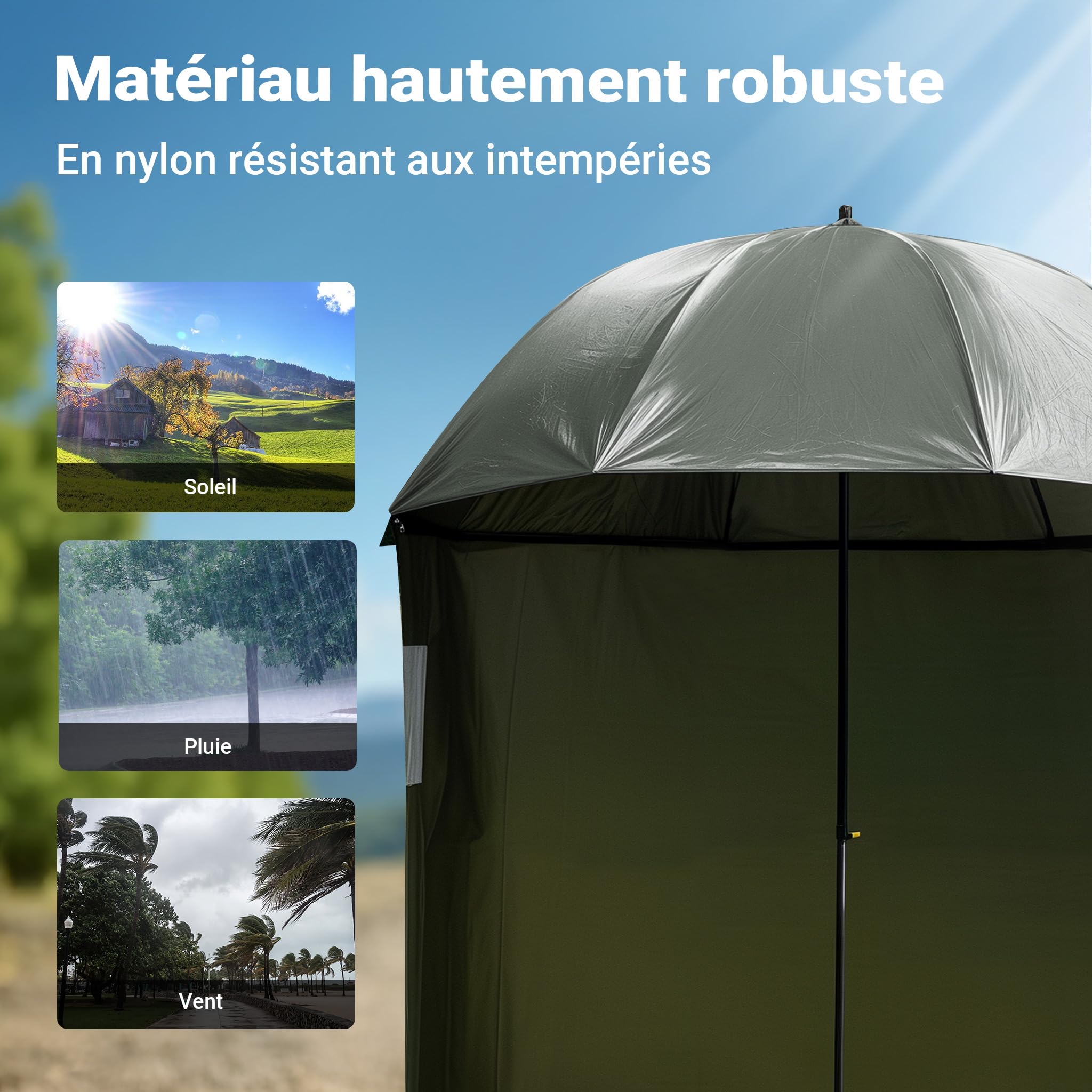 WilTec Parapluie de pêche XXL - 250 cm - Auvent avec Piquet Paroi latérale 2 Fenêtres - Parasol Abri vent & pluie Pare-soleil Tente du pêcheur