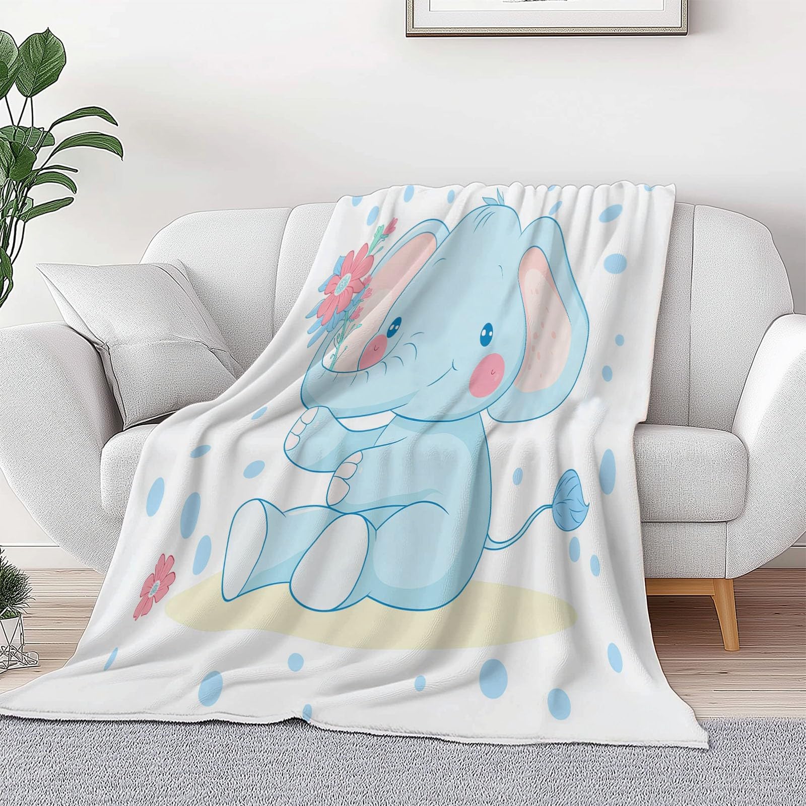 Genérico Flanelowy koc polarowy 200 x 200 cm, kremowy koc z nadrukiem kreskówkowym śliczne zwierzęta słoń niemowlę-zima ciepłe dla dziewczynek chłopców dorosłych