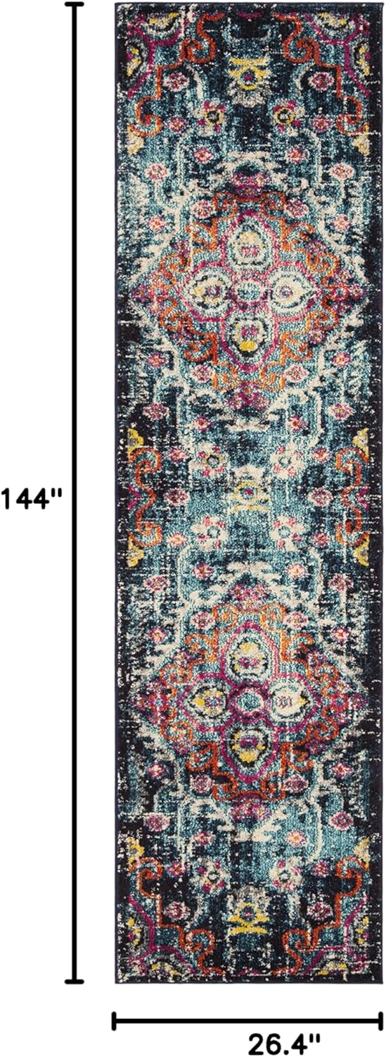 SAFAVIEH Monaco Collection Runner Rug - 2'2" x 12', Blue & Fuchsia, Boho Chic Medallion Distressed Design, Non-Shedding & Easy Care, Ideal for High Traffic Areas in Living Room, Bedroom (MNC252J)