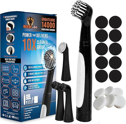 Beest GroutCare 14000 - Cepillo de limpieza eléctrico recargable con 4 cabezales reemplazables, doble velocidad, IPX6 resistente al agua, limpiador