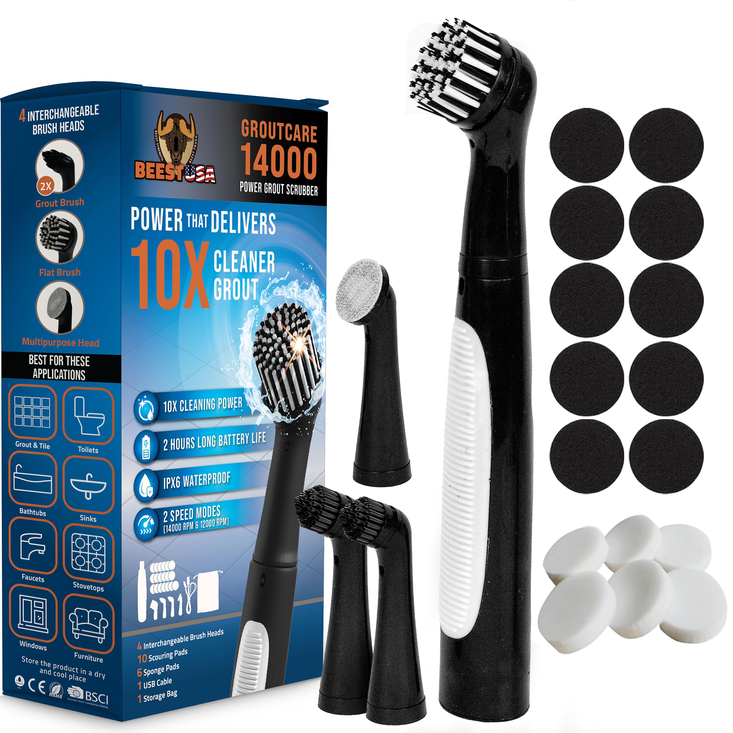 BEEST GroutCare 14000 Rechargeable Electric Spin Scrubber - Bathroom Cleaning Brush w/ 4 Replaceable Heads, Dual Speed, IPX6 Waterproof - Cordless