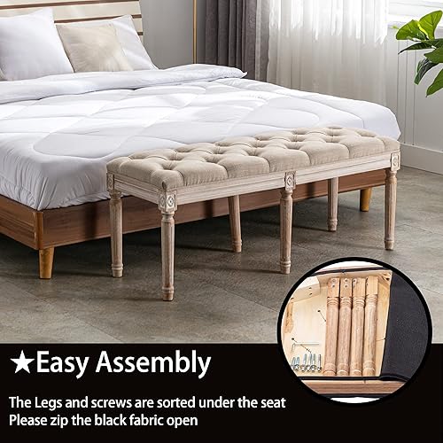 Miniatura 15 de Banco de entrada tapizado de tela, banco de piano copetudo para 2 personas, patas de madera de goma con hermoso patrón tallado para dormitorio, sala