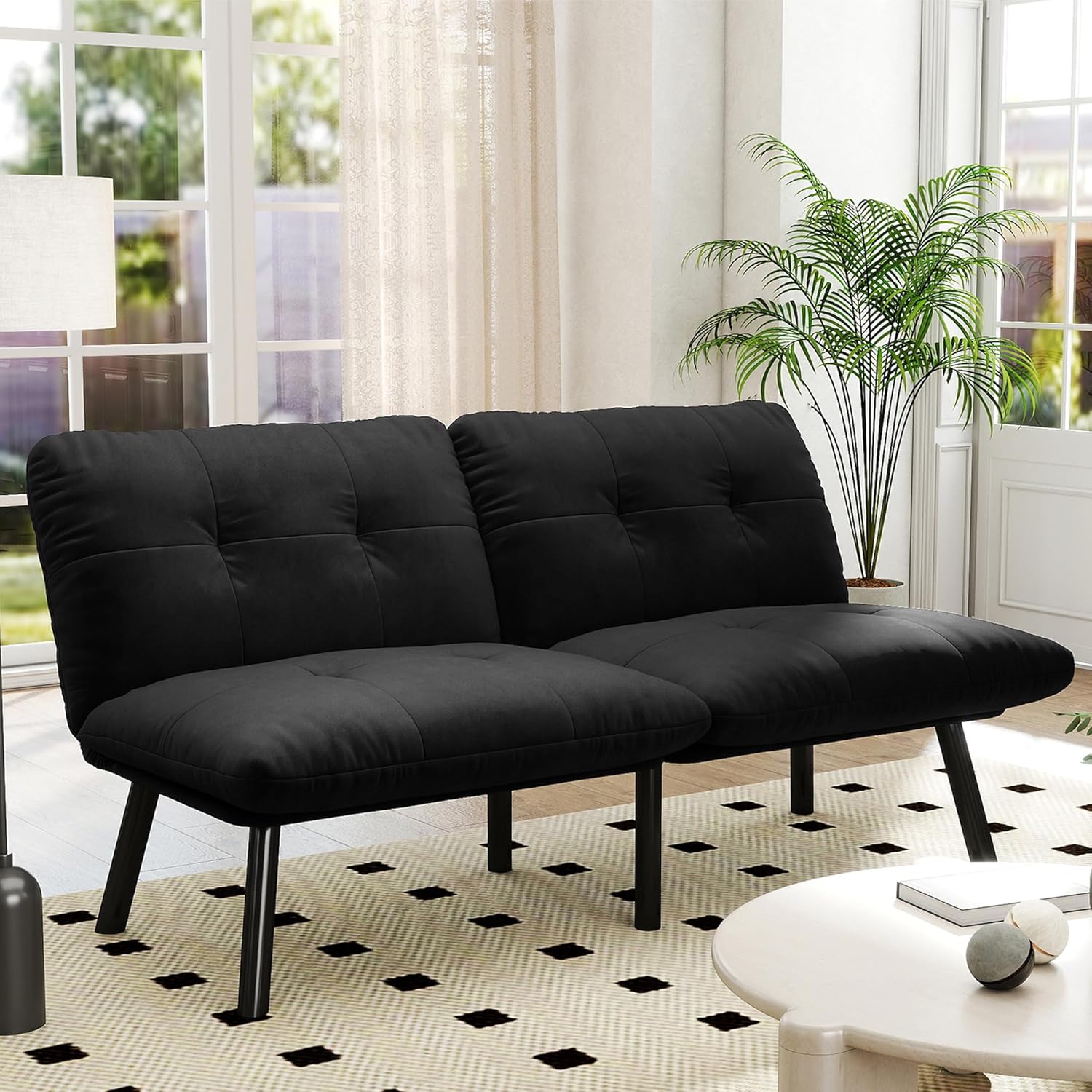 Modern Velvet Futon Sofa Bed,Convertible Folding Couch Bed Sleeper with 6 Chrome Legs,63" Comfy Cloud Couch Small Loveseat for Living Room Office (Black)