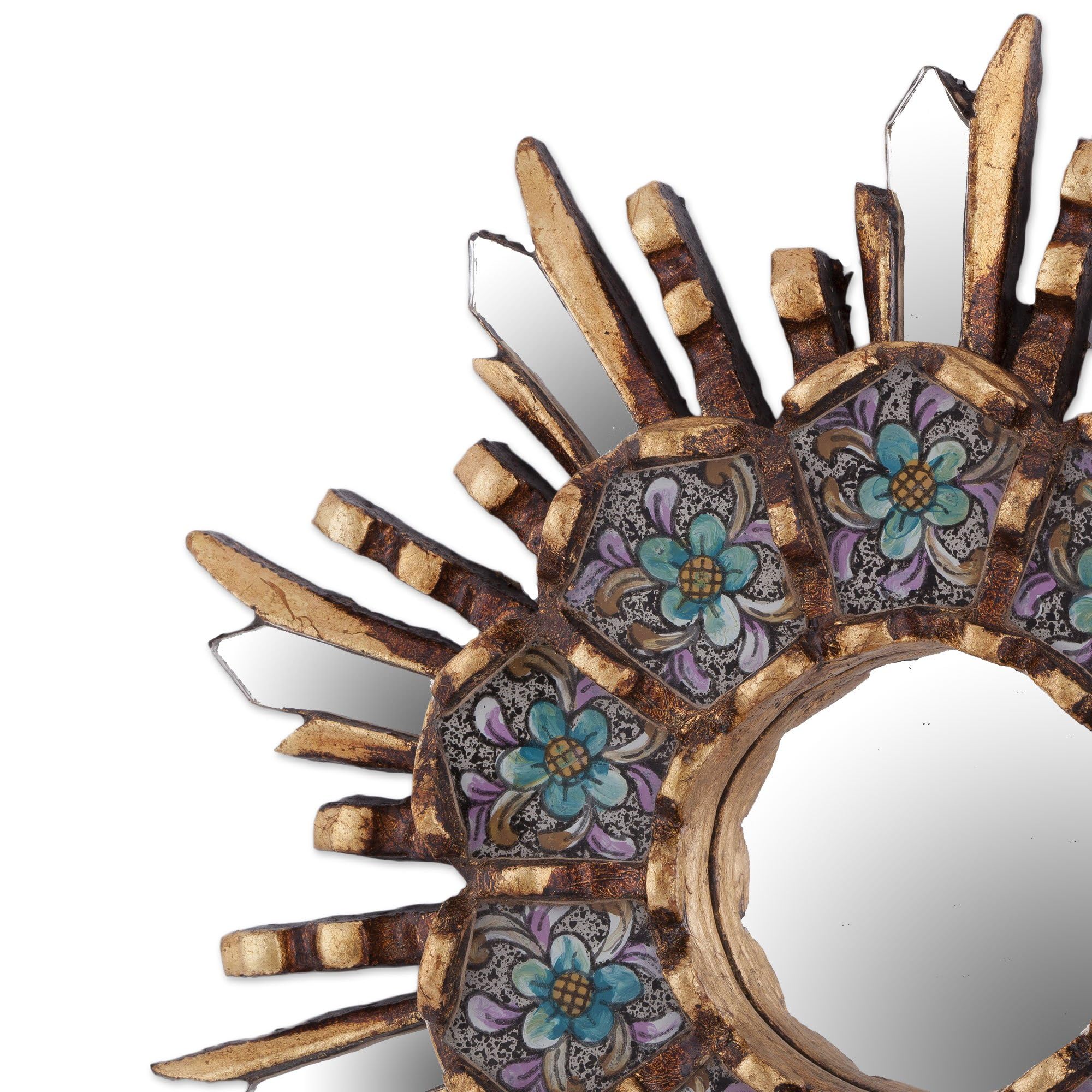 NOVICA Blue Floral Reverse Painted Glass Bronze Leaf Starburst Wall Mounted Mirror, 'Cuzco Meadow'