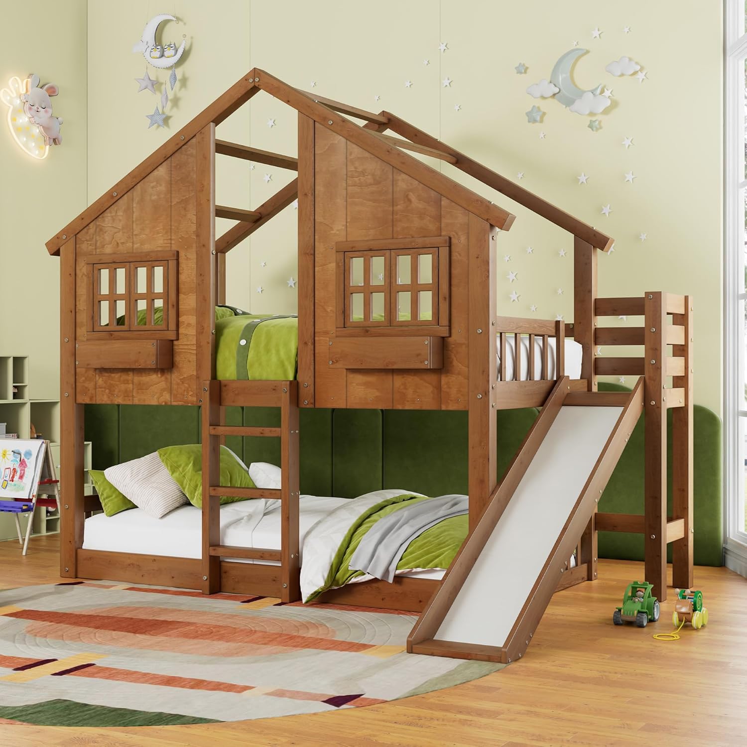 Jocisland Twin Over Twin House Bunk Bed with Slide and Ladder, Solid Wood Frame, Window Box Shelf, 14" Guardrail, Underbed Area for Mattress or Play, Light Oak