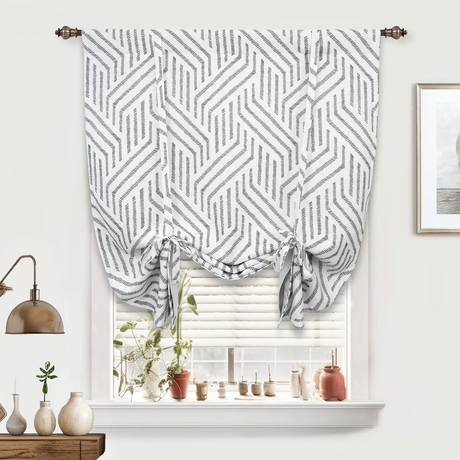 DriftAway Farmhouse Double Layer Linen Blackout Tie Up Curtains Thermal Insulated Striped Fully Lined Balloon Roman Shade Bathroom Window Adjustable Rod Pocket 39 Inch by 55 Inch Briony Black