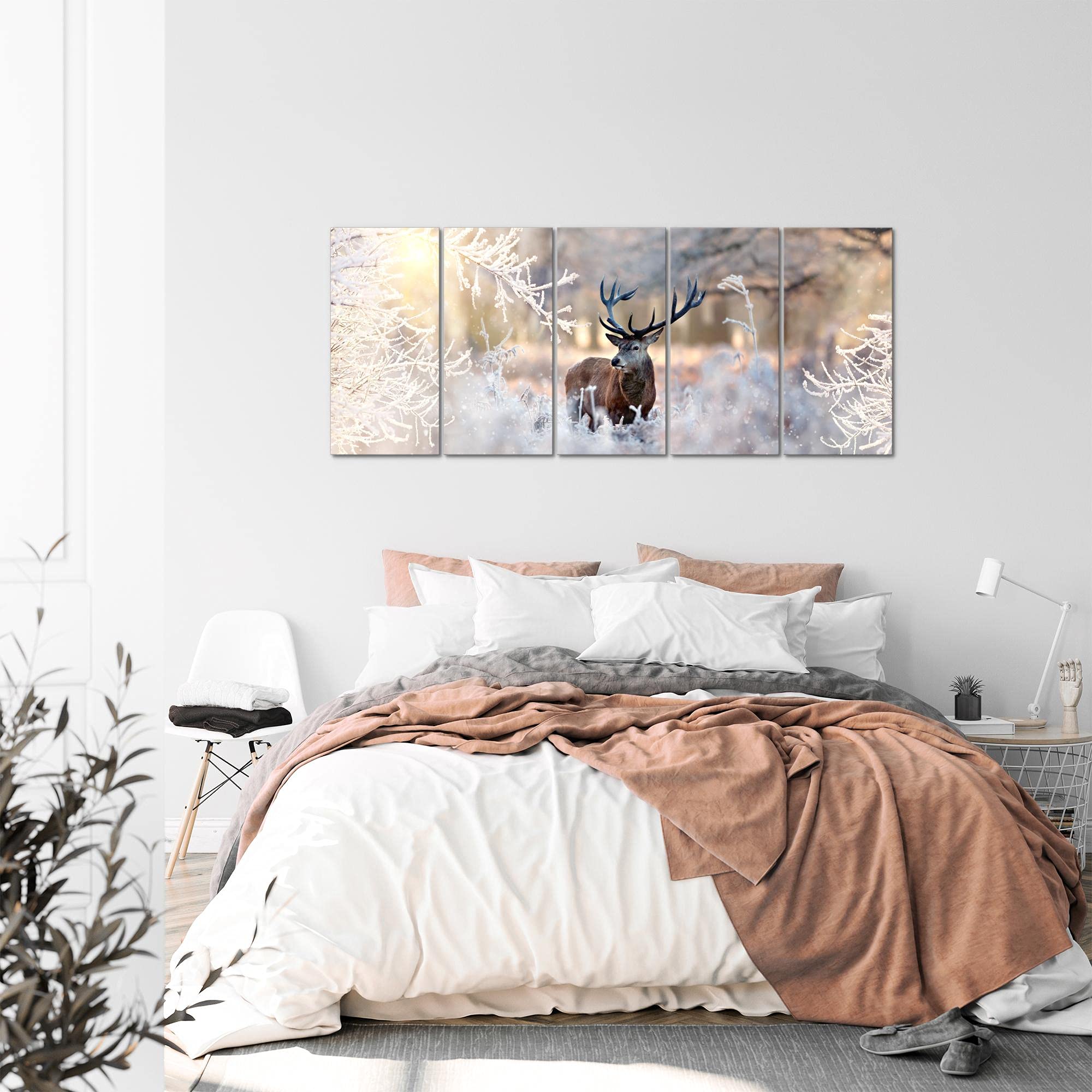 Runa Art Tableau mural XXL Hiver Cerf 200 x 80 cm Beige 5 Parties - 004155a