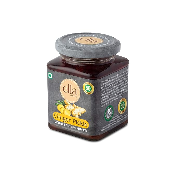 Ella Spices Ginger Pickle 250 g | Homemade | 50 % Low in Sodium | Plant Salt | with Cold Pressed Sesame Oil | Ayurvedic Recipe | Made in Small Batches | Adarak Ka Achar | Cold Pressed Sesame Oil is Naturally Rich in Vitamin E, Omega 3, 6 , 9 & Antioxidants