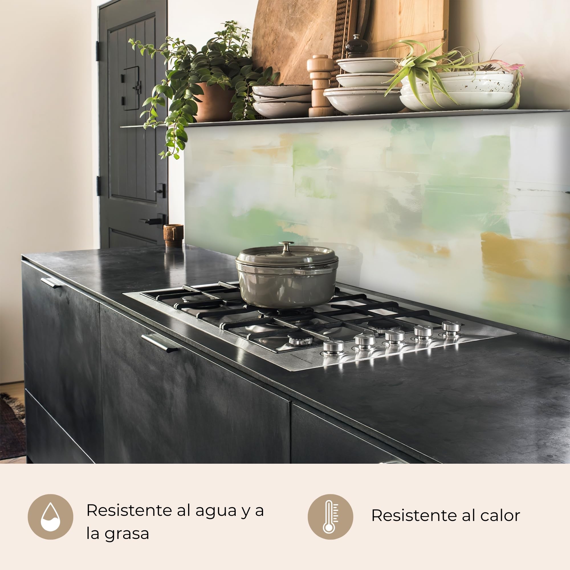KitchenYeah© Antisalpicaduras Cocina 80x300 cm Adhesivo Salpicadero Protector Salpicaduras Kitchen Abstracto - Arte - Blanco - Verde - Moderno