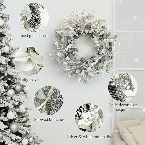 Miniatura 3 de Corona de abedul con bayas blancas, conos de pino helado, hoja de acebo, rama, corona de Navidad de invierno de 26 pulgadas para puerta delantera o