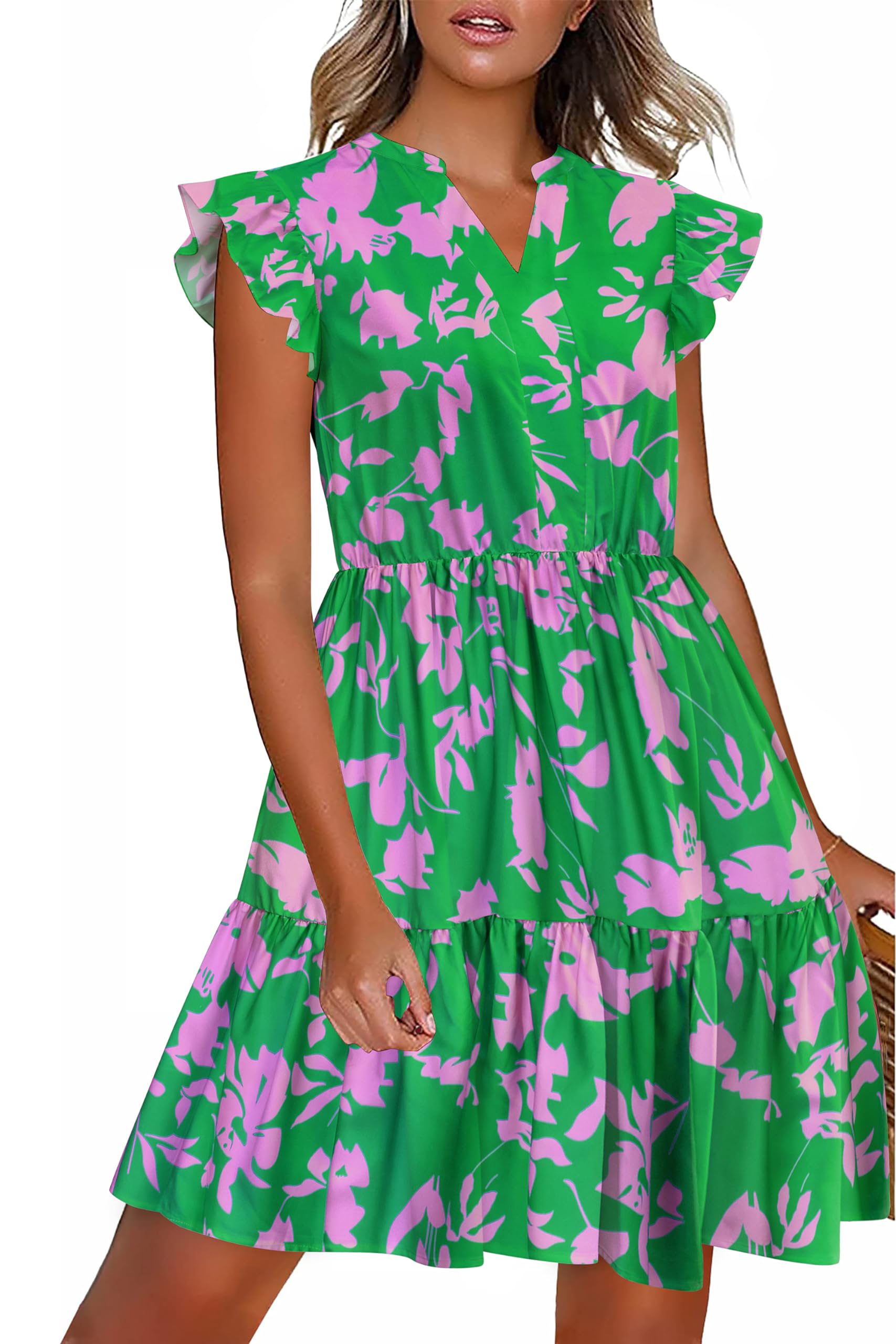 HOTOUCH Women Printed Dress for Summer Short Ruffle Sleeve Dress Tiered Mini Dress with Pockets