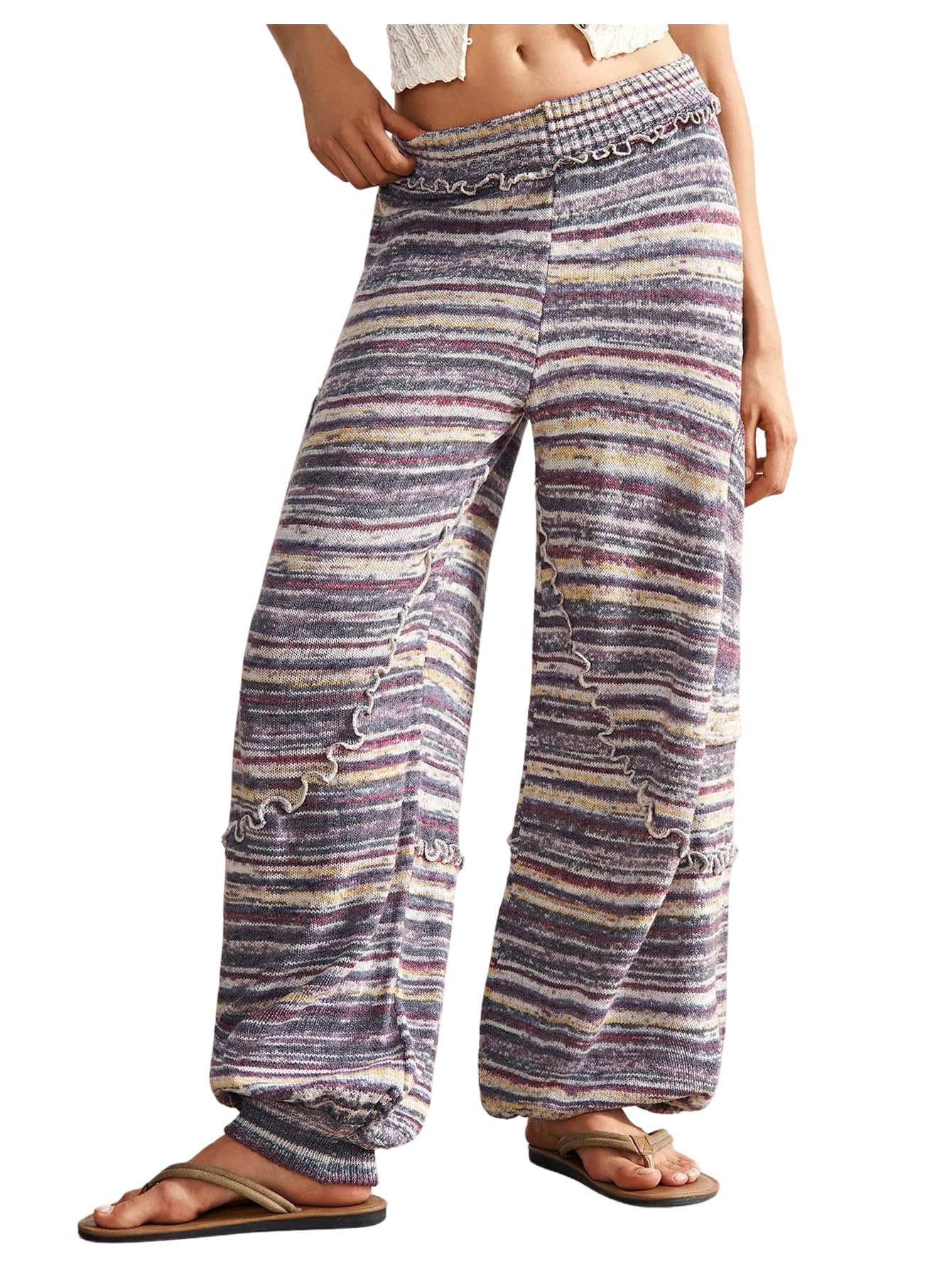 Womens Boho Striped Knit Harem Pants Elastic Waist Frill Hippie Trousers Joggers with Pockets
