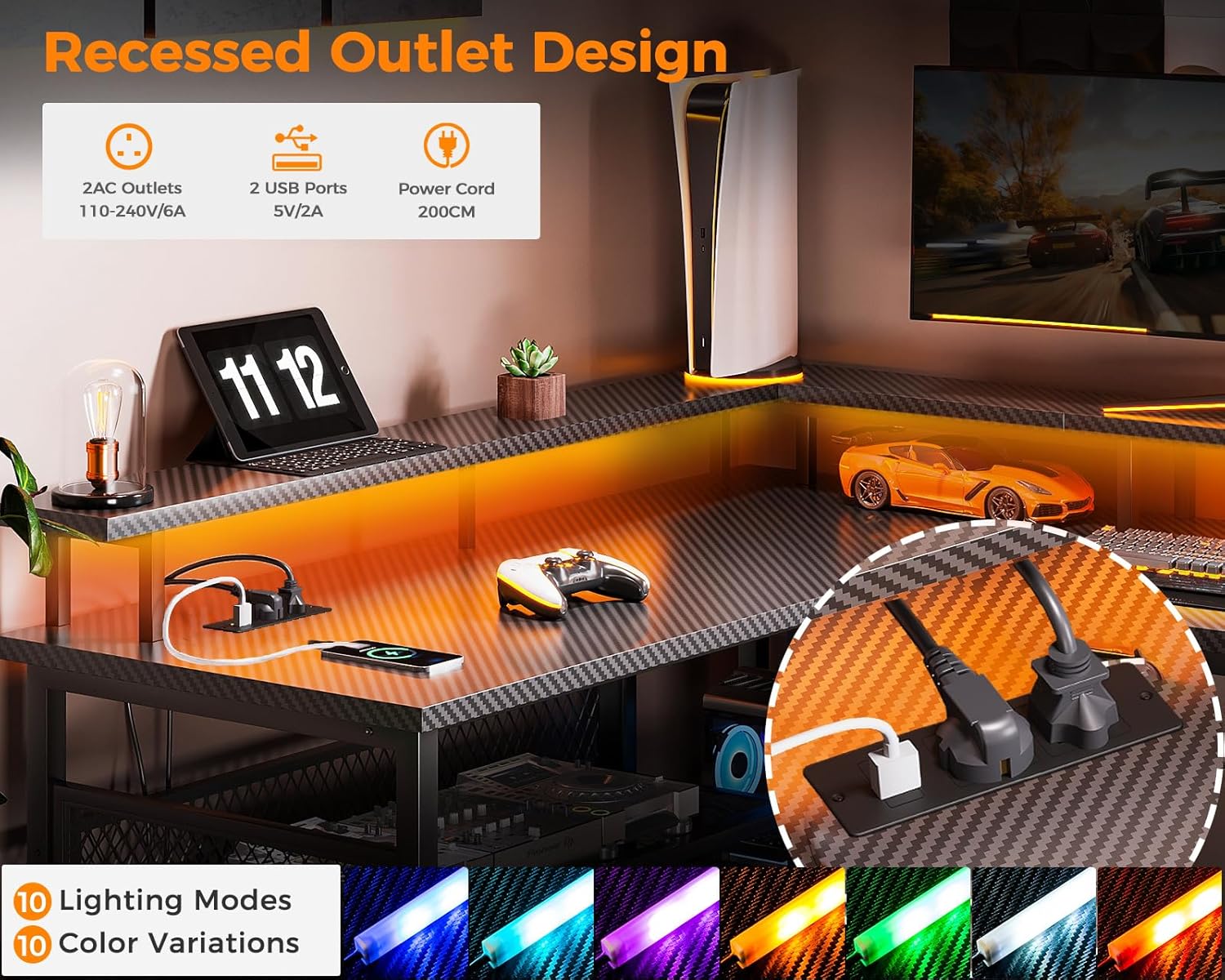 Close-up of the recessed power outlet design with 2 AC outlets and 2 USB ports, showing various LED light colors