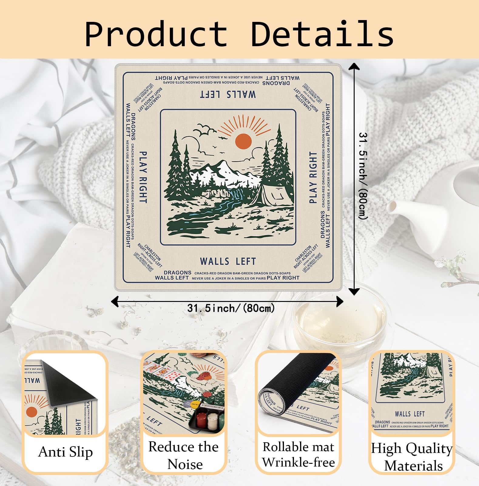 Vintage Boho Camping Mahjong Matte 80 x 80 cm Wald Berg Natur Abenteuer Camper rutschfeste Geräuschreduzierung Mahjong Tischmatte für American Mah Jong Pokerkarten Brettspiele Dominosteine