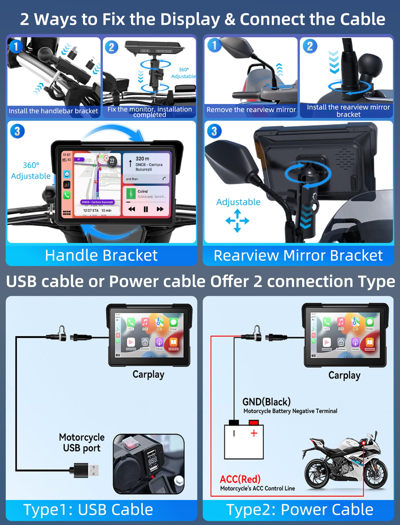 Jansite Carplay Moto da 7 Pollici Navigatore Andrpid Auto Display Impermeabile IPS 2.5D Bluetooth Siri/Assistente Google