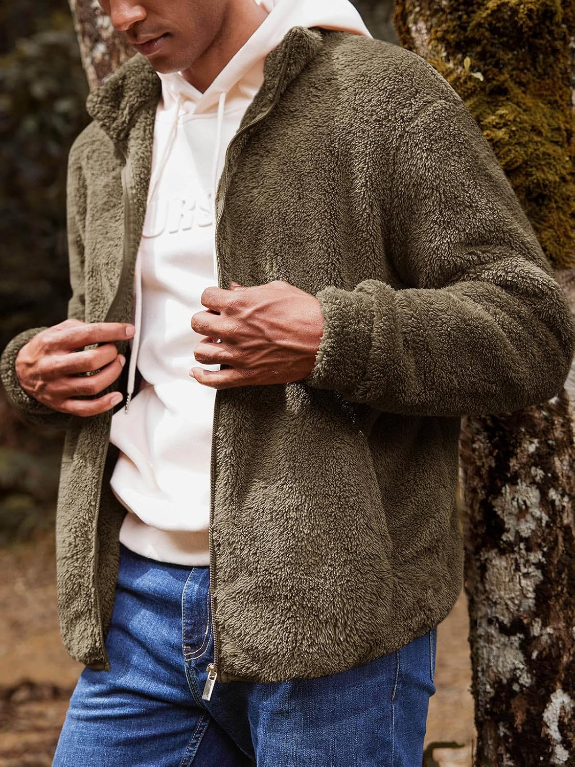 Runcati Mens Fuzzy Sherpa Jacket Cardigan Fleece Long Sleeve Full Zip Open Front Thermal Coat Fall Winter Outwear image 2