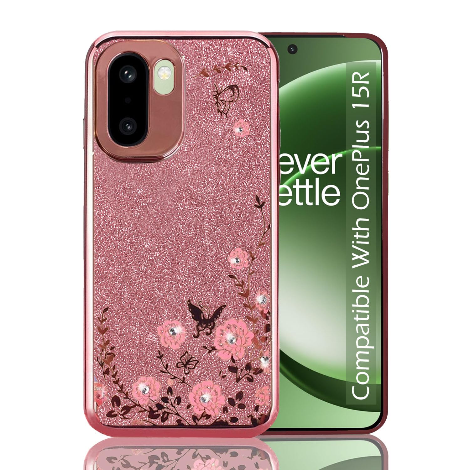 KC Back Cover for OnePlus 15R 5G - Crystals Glitter Auora Paper Bling 2 in 1 Soft Silicone Transparent Camera Protection Case (Rose Gold Pink)-image-46