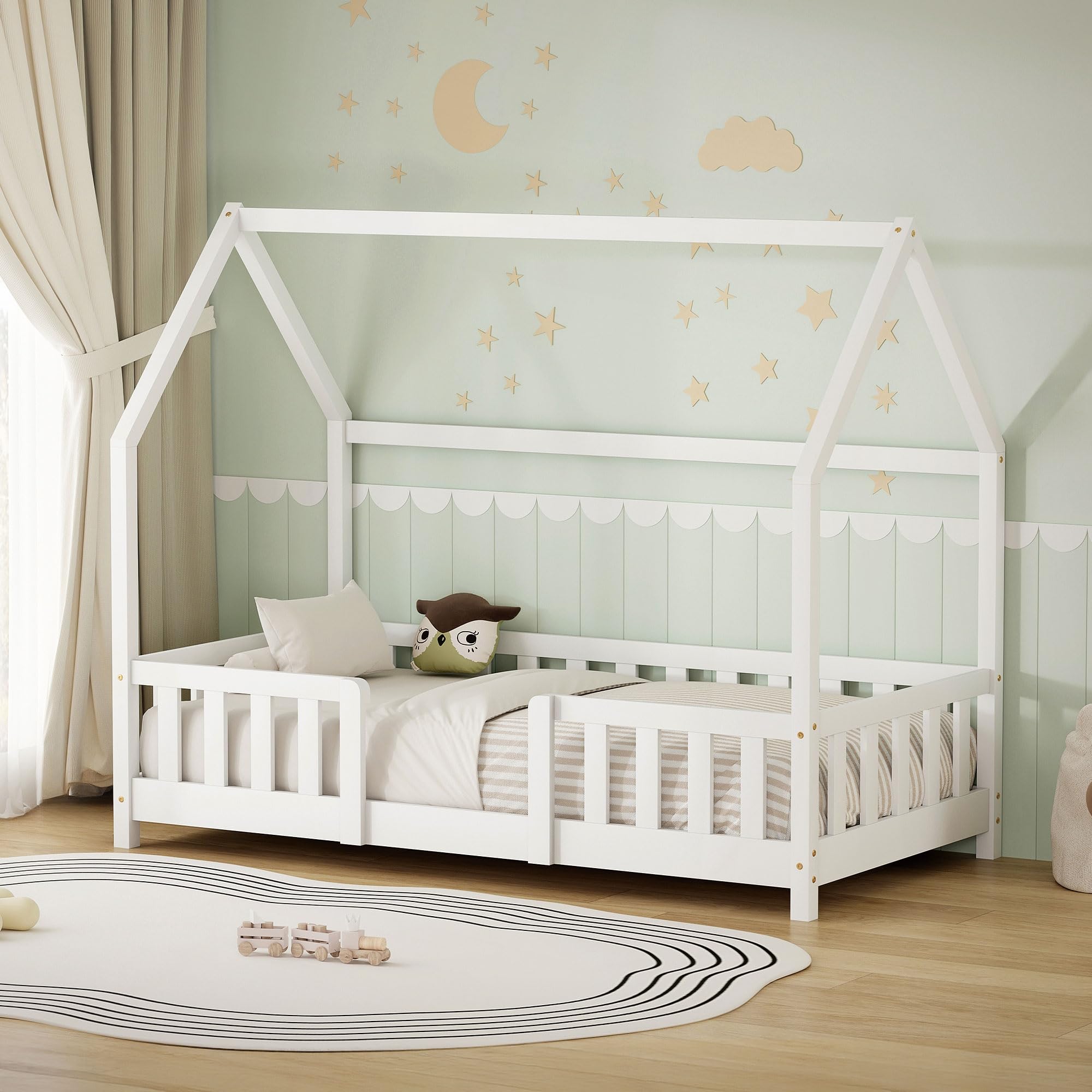 ML-Design Kinderbett Hausbett 80x160 cm mit Rausfallschutz, Dach & Lattenrost, Weiß, Bettgestell aus massivem Kiefernholz, Montessori Bodenbett, Holzbett für Mädchen & Jungen, Jugendbett, Einzelbett