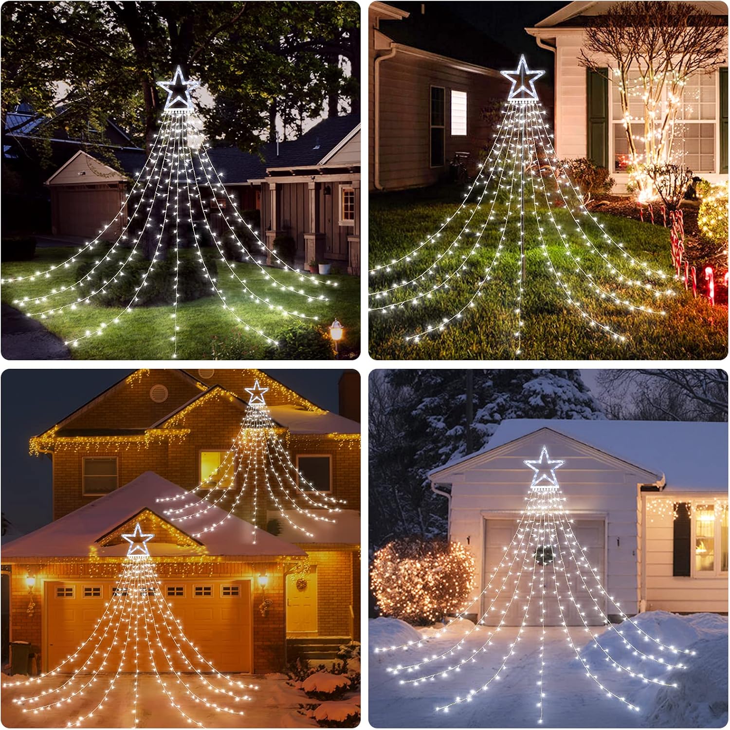 BlcTec Outdoor Christmas Lights, 317 LED Christmas Star String Lights with 9 Strands 11.9ft Waterfall Tree Lights, 8 Modes, Waterproof, Topper Star & Timer for Garden Yard Patio Xmas Décor, Cool White