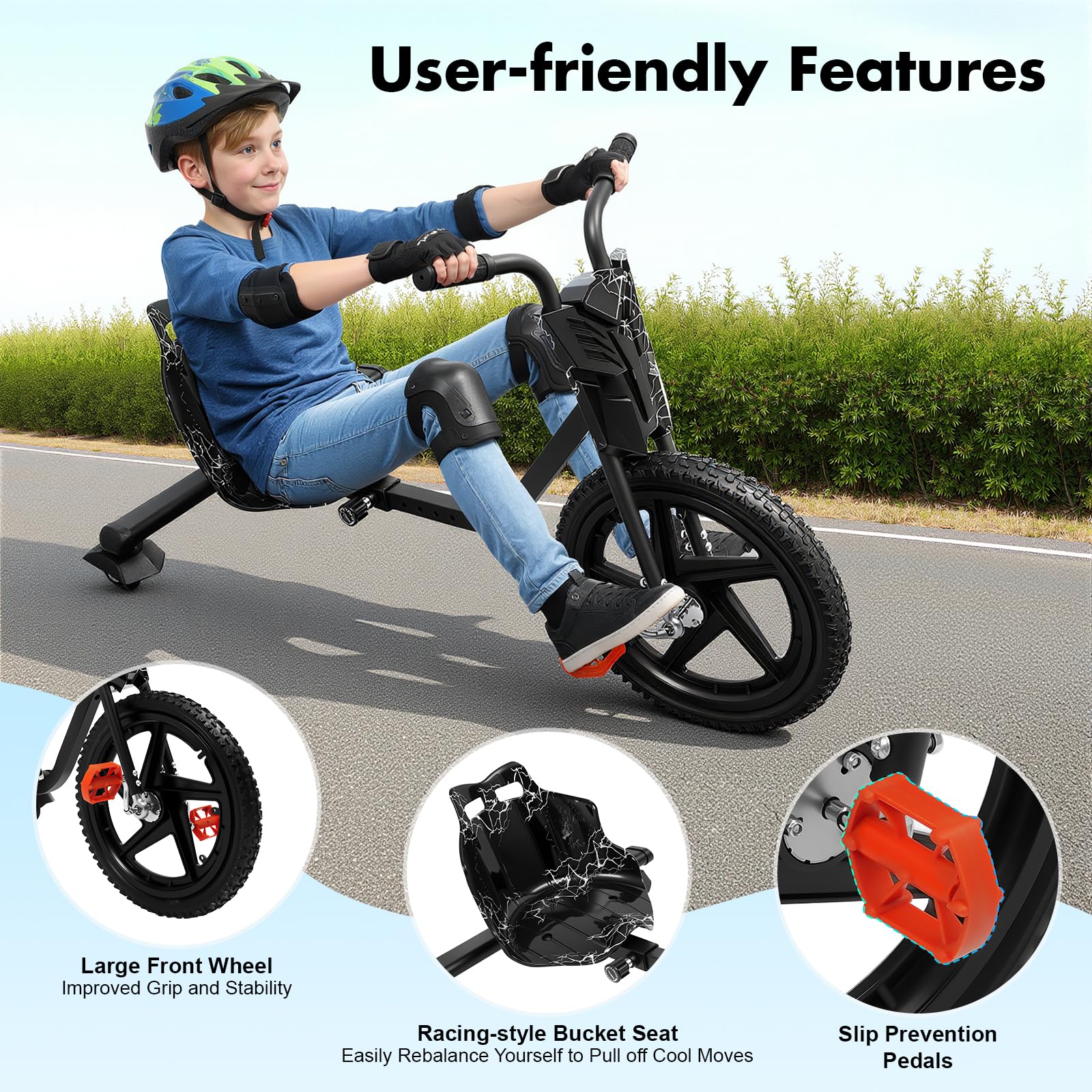 Drift Scooter 90 x 68 x 60 cm, 4 biegi Drift Trike, nośność 80 kg, regulowana konstrukcja, wózek z siedziskiem skorupy i antypoślizgowymi pedałami, dla 6 lat i starszych