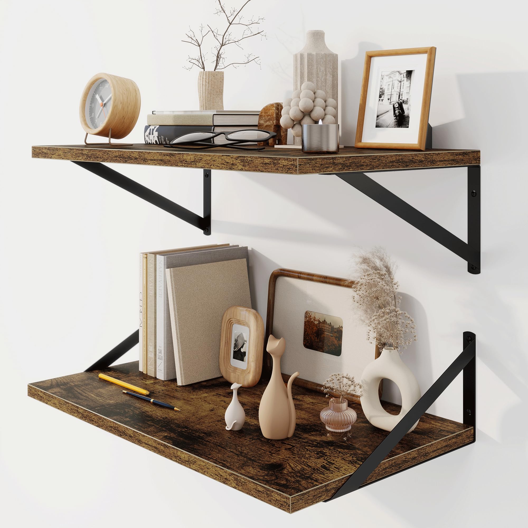 Fun Memories Schwebende Bücherregale, 2er Set Wandregal aus Holz, 60 x 30 cm, dekoratives Wandregal für Wohnzimmer, Schlafzimmer, Badezimmer und Waschküche (Braun)