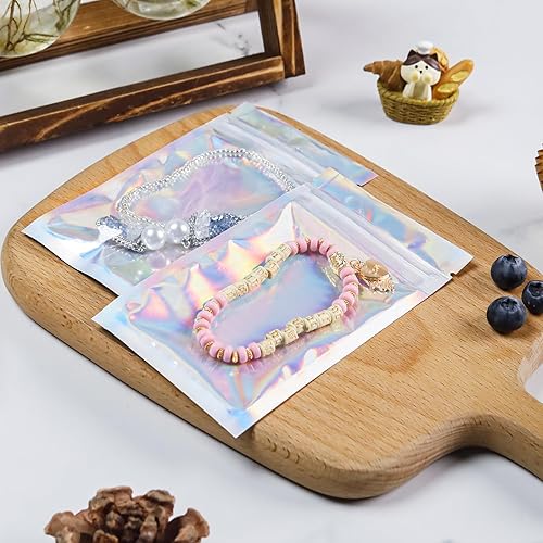 Miniatura 8 de 200 bolsas holográficas de Mylar con ventana transparente sellables para almacenamiento de alimentos resellables para pequeñas empresas (3 x 5